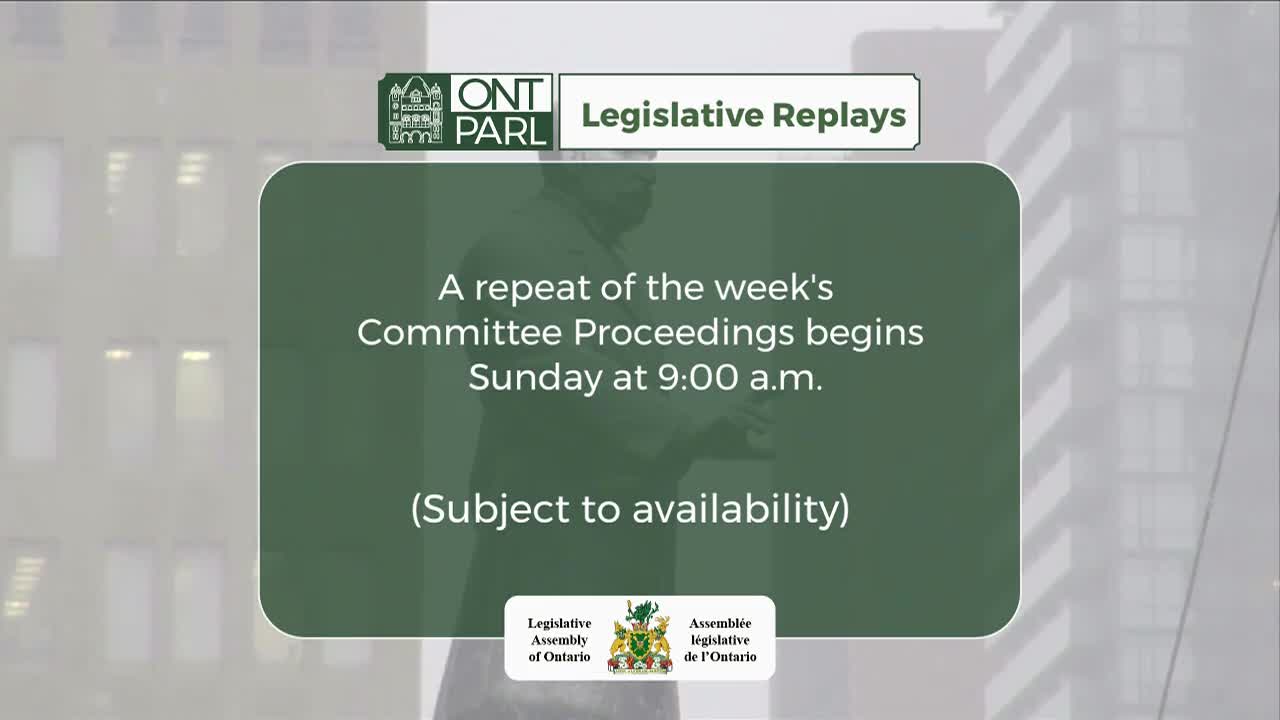 A man in a suit stands in front of a building. Text overlays the image, announcing that a repeat of the week's committee proceedings from the Legislative Assembly of Ontario begins Sunday at 9:00 a.m.