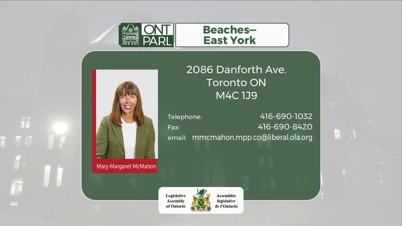 A woman's portrait appears next to contact information for Beaches-East York. The Legislative Assembly of Ontario crest is visible on the bottom.