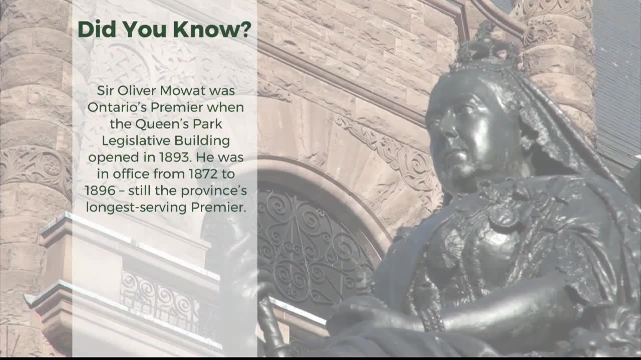A bronze statue of Queen Victoria stands before the stone facade of Ontario's Legislative Building. Text overlays the left side of the scene, detailing Sir Oliver Mowat's tenure as Premier.