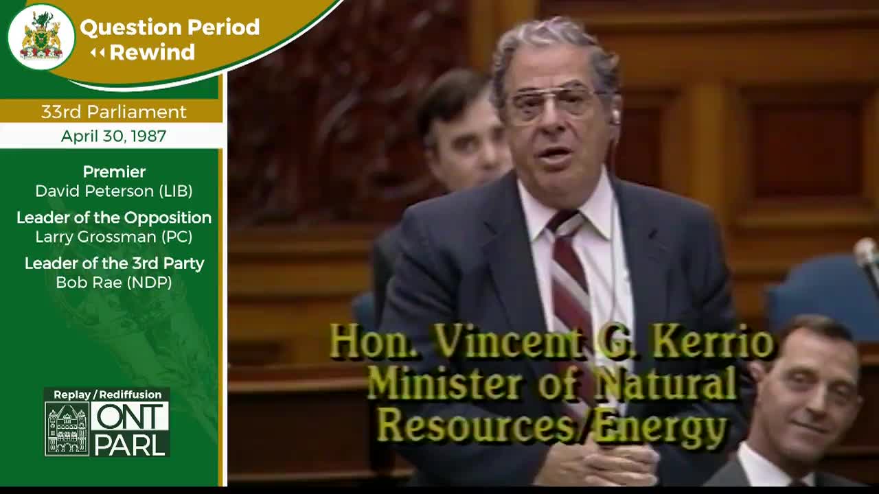 The Minister of Natural Resources and Energy speaks from the floor of the Legislative Assembly of Ontario. Another man, seated to his right, watches with a slight smile.