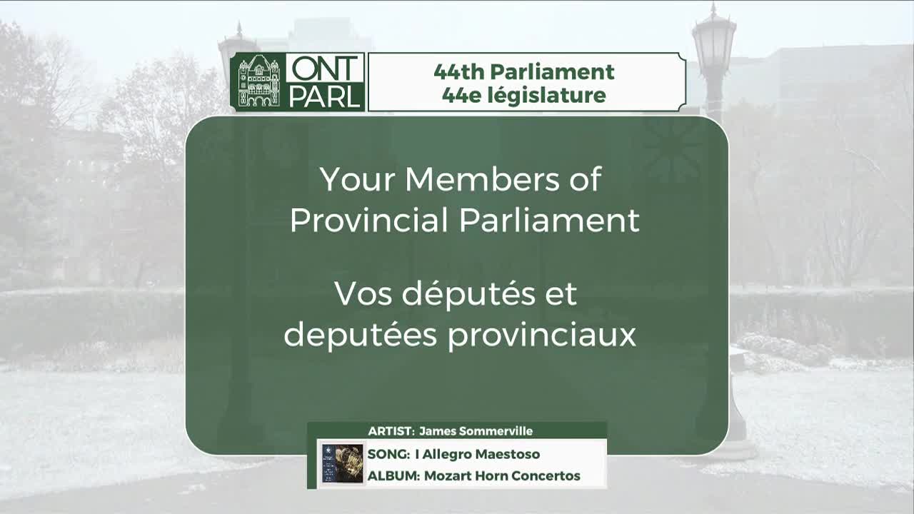 The screen displays "Your Members of Provincial Parliament" in large white letters against a dark green background. Above this, "ONT PARL" and "44th Parliament 44e législature" are visible.