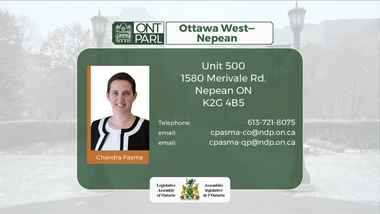 A photograph of Chandra Pasma, Member of Provincial Parliament for Ottawa West—Nepean, is displayed. Her contact information, including a Nepean address and phone number, is listed below her image.