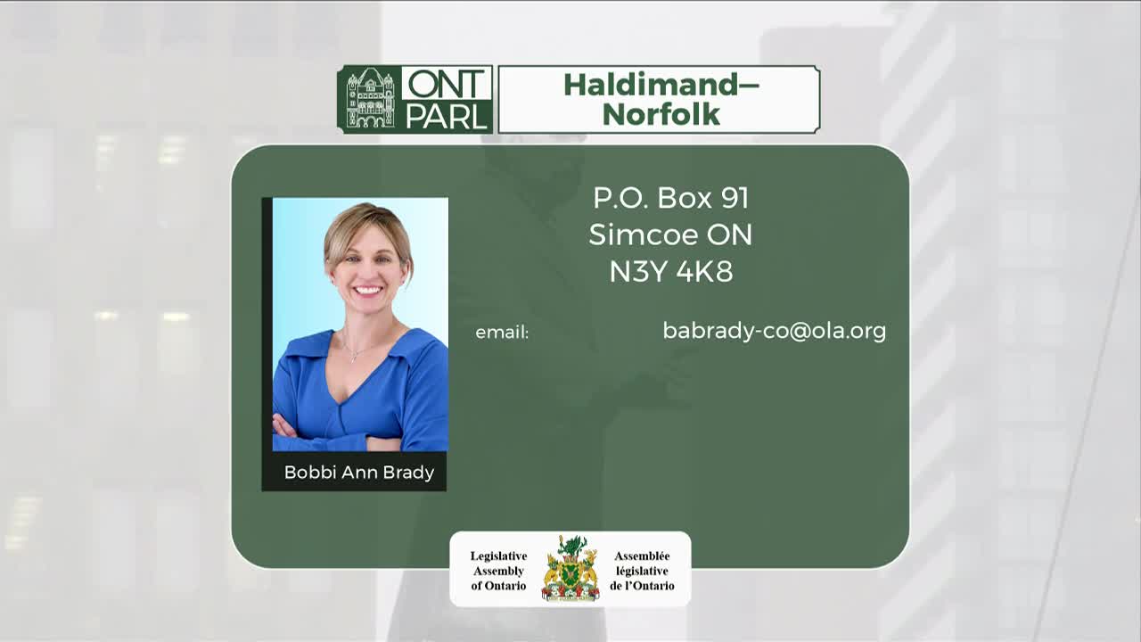 A photo of Bobbi Ann Brady is displayed, alongside contact information for the Haldimand–Norfolk riding. The Legislative Assembly of Ontario logo is visible at the bottom.