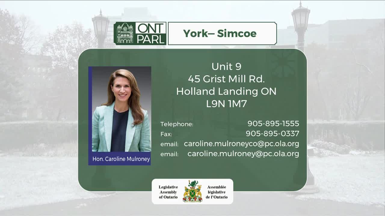A portrait of Caroline Mulroney, Member of Provincial Parliament for York—Simcoe, is displayed. Her contact information, including an address in Holland Landing, Ontario, is listed below her image.