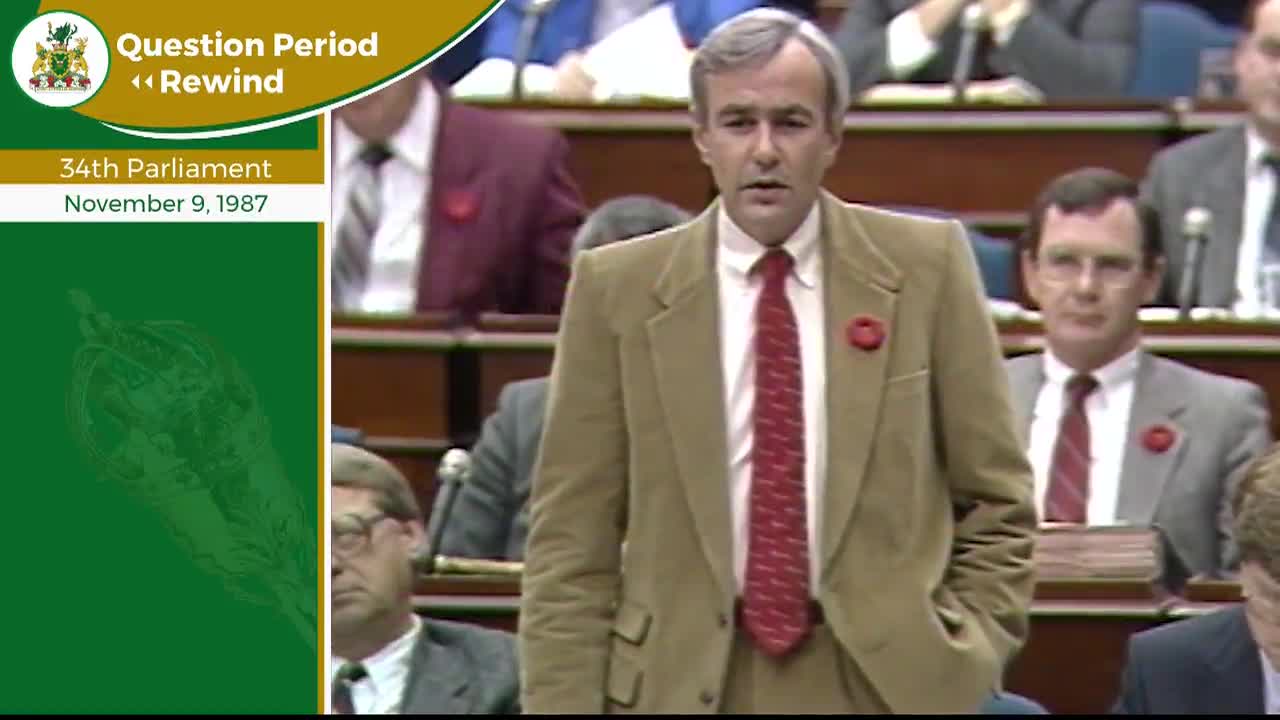 A man in a tan suit and red tie stands at a podium, speaking. Rows of people in suits sit behind him in the Legislative Assembly of Ontario.