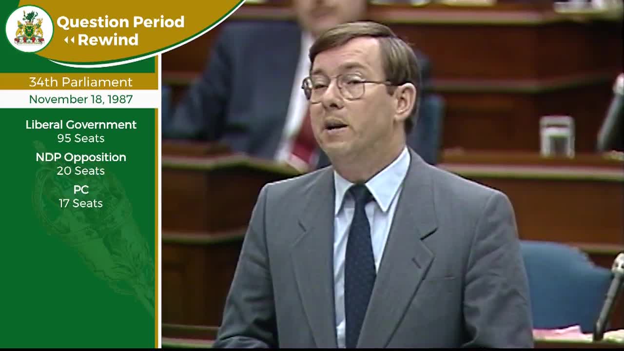 A man in a grey suit speaks from a podium, his mouth open. Behind him, other figures are visible in the wood-paneled chamber of the Legislative Assembly of Ontario.