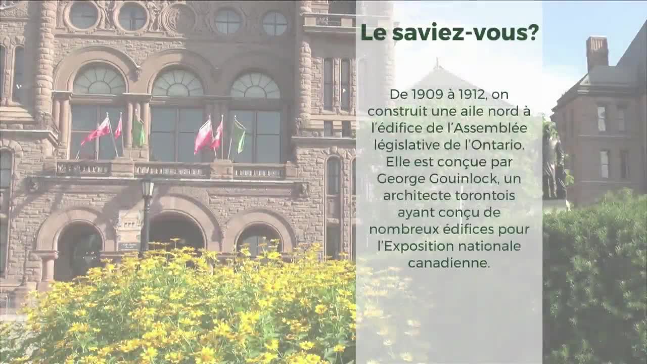 The Legislative Assembly of Ontario building stands tall, its stone facade adorned with flags. Yellow flowers bloom vibrantly in the foreground, a splash of color against the historic architecture.