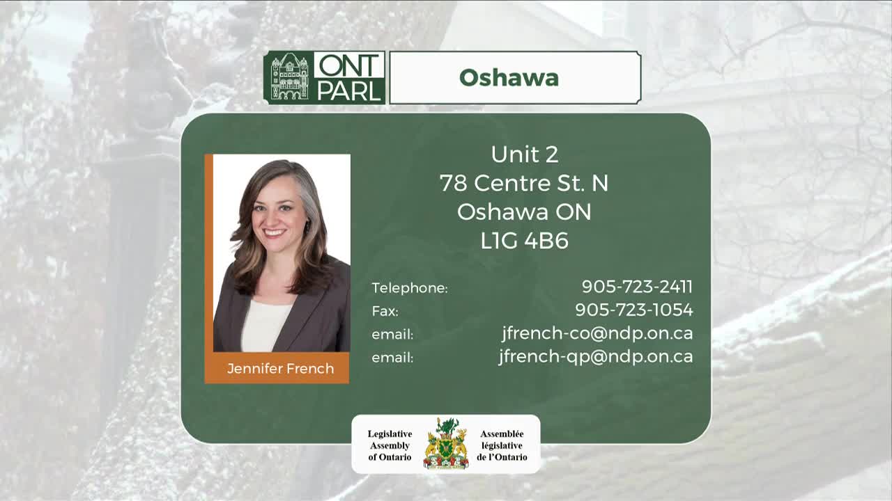 A woman's headshot appears on a green card, with her name, Jennifer French, below. The card lists an Oshawa address and contact information, including phone numbers and email addresses.