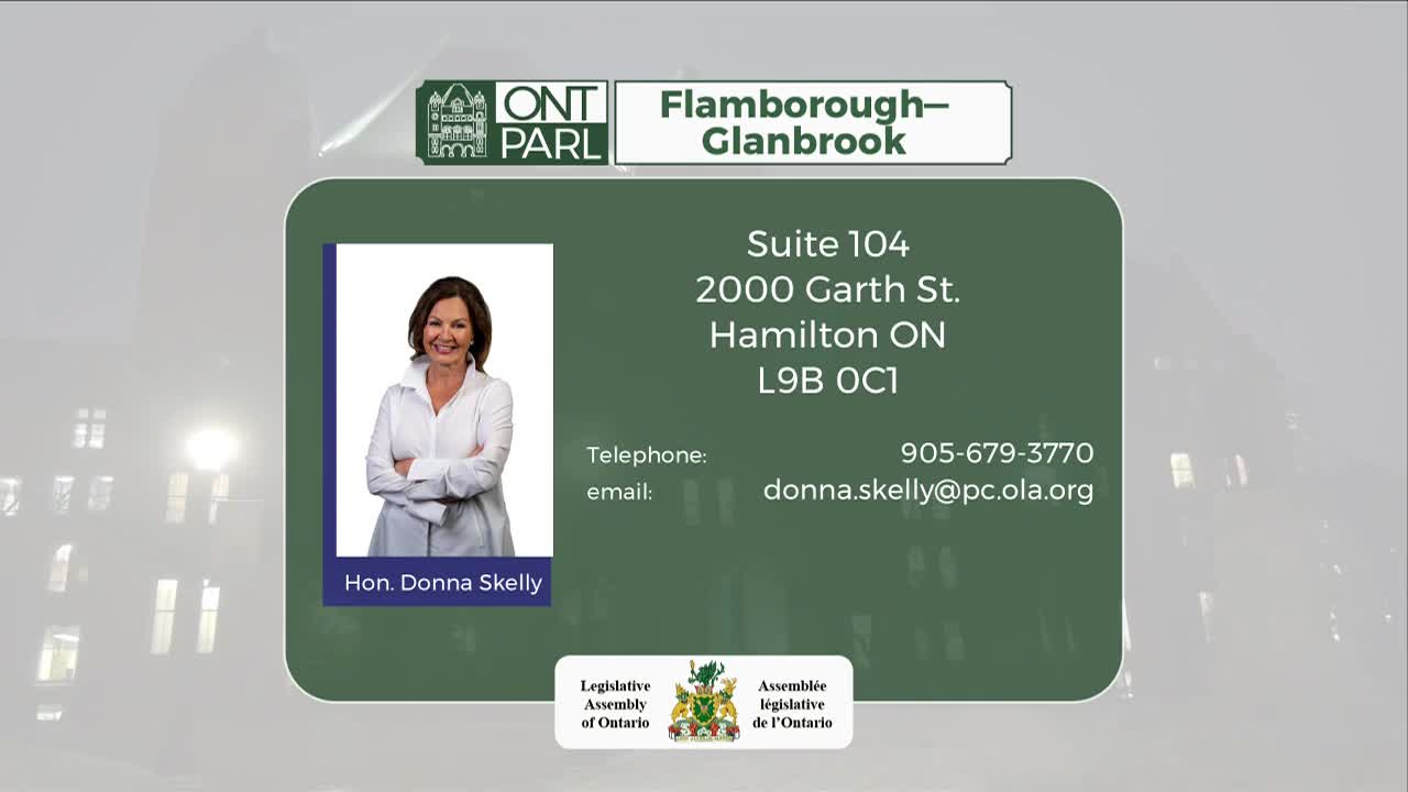 The Honourable Donna Skelly, MPP for Flamborough-Glanbrook, smiles with her arms crossed. Her office contact information is displayed clearly.