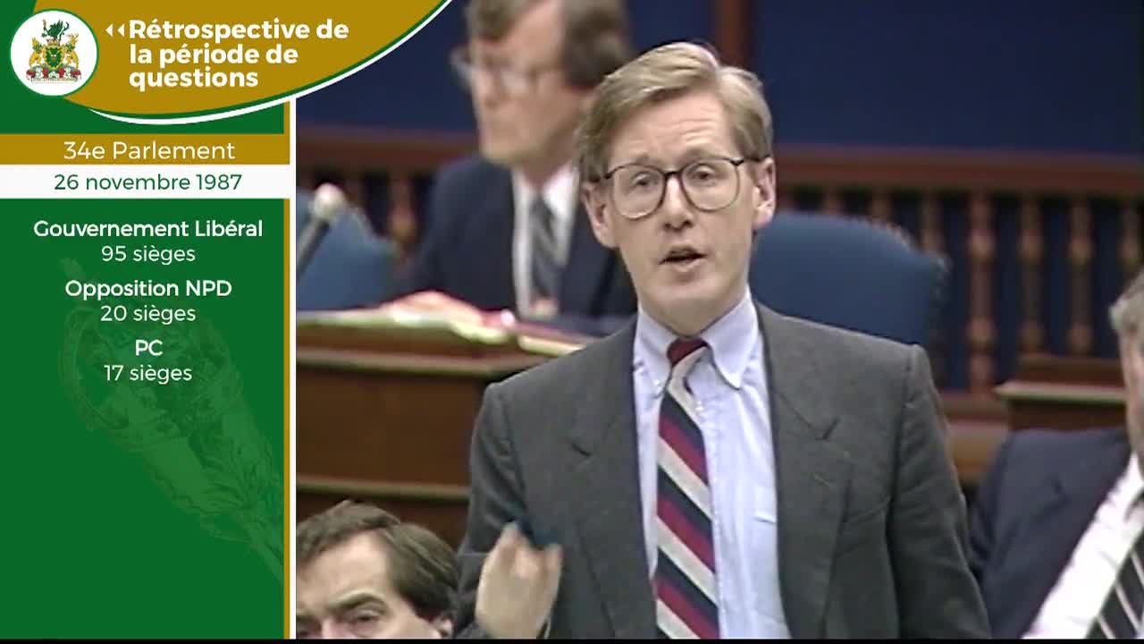 A man in a suit and tie speaks from a podium in the Legislative Assembly of Ontario. The date, November 26, 1987, and party seat counts are displayed on the left.