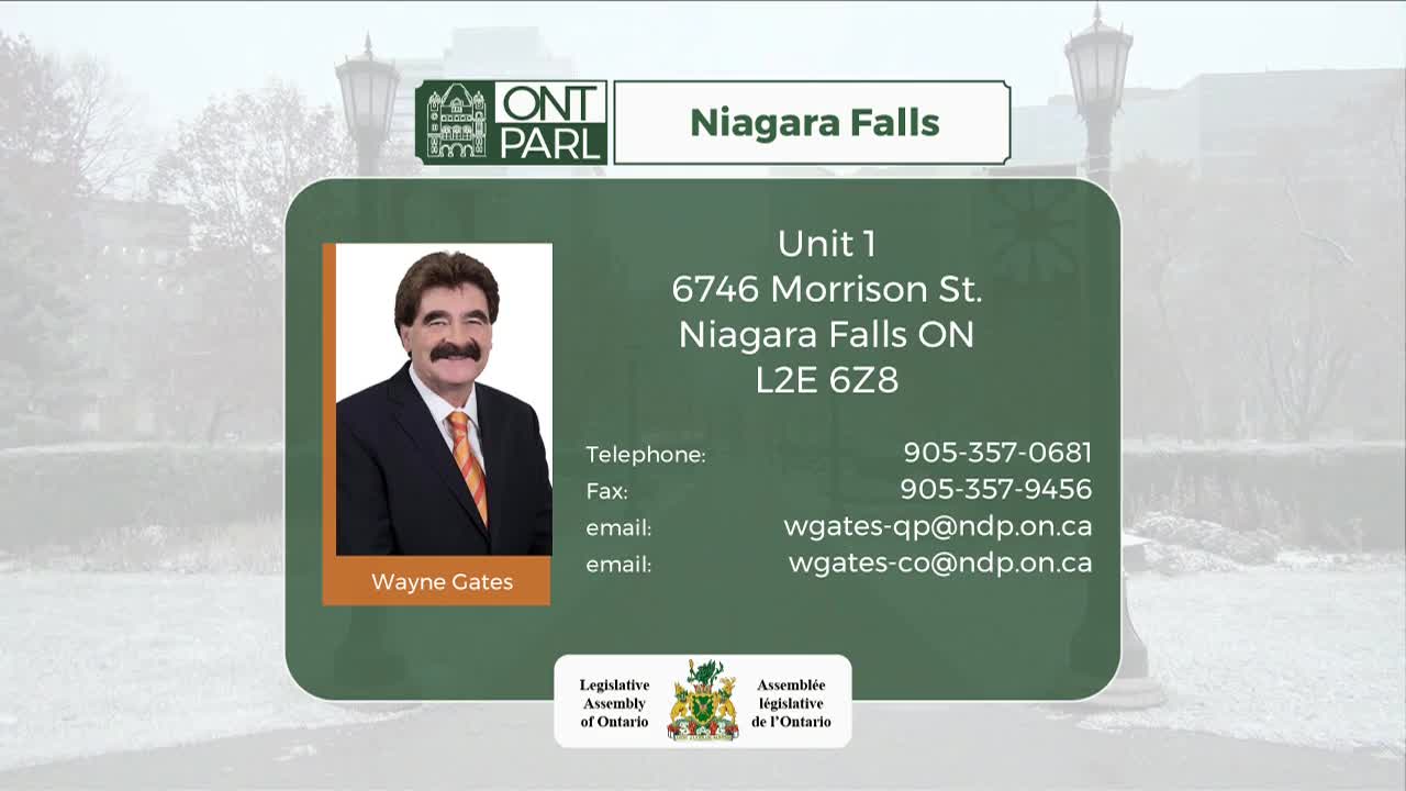 A man with a mustache, Wayne Gates, smiles from a photo. His contact information, including his Niagara Falls address and phone numbers, is displayed.