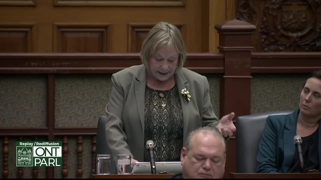 A woman in a grey blazer speaks from a podium in the Legislative Assembly of Ontario. Her right hand is raised, gesturing as she talks.