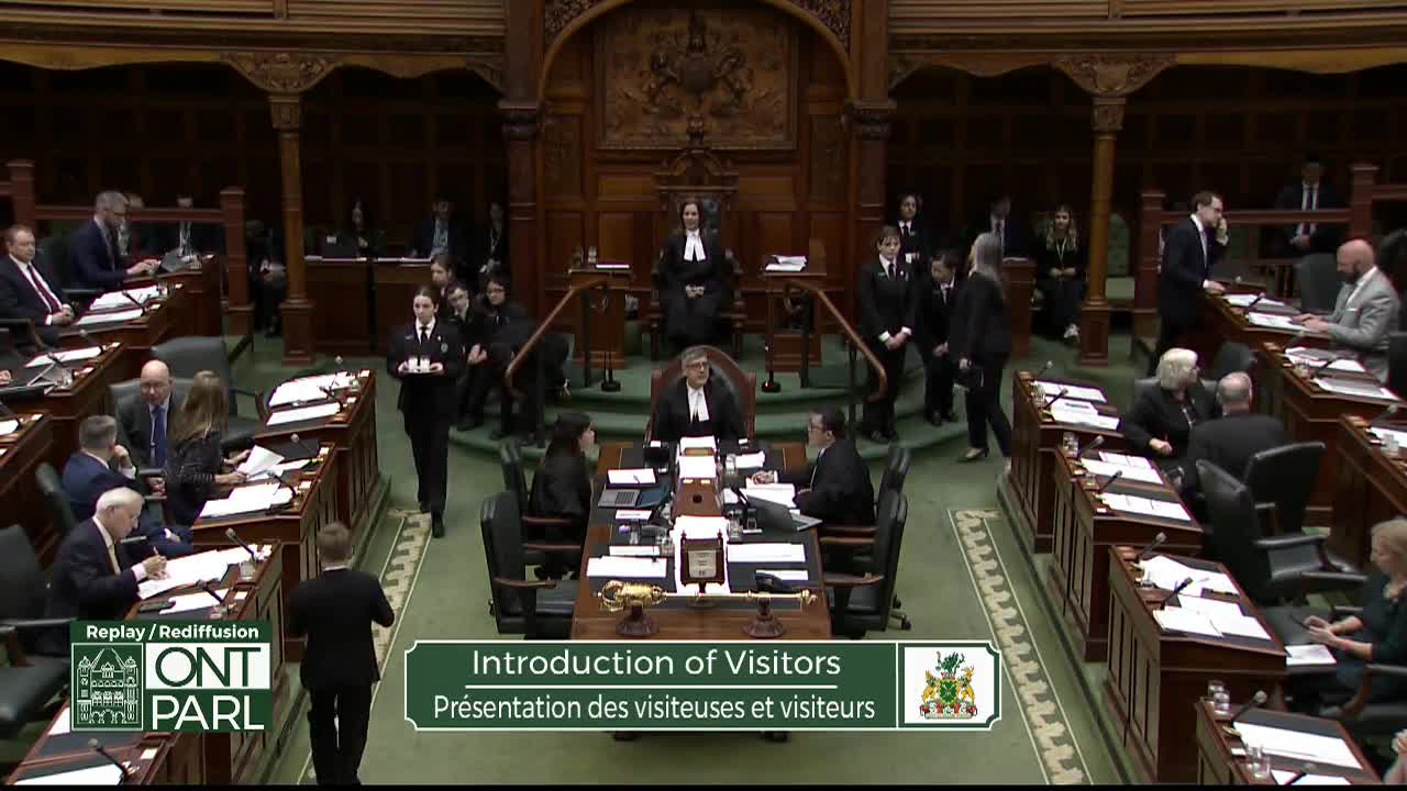 A group of people, some in formal attire, walk across the floor of the Legislative Assembly of Ontario. One person in the front carries a tray of what looks like water glasses.