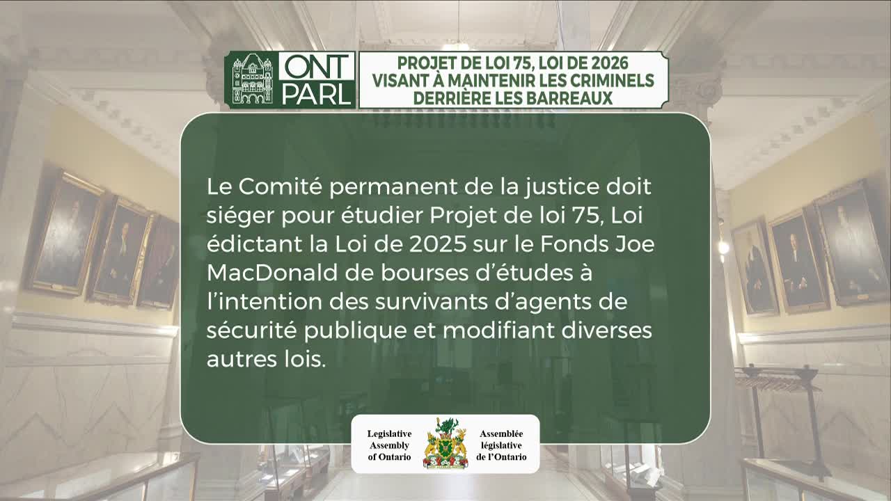 The Legislative Assembly of Ontario is discussing Bill 75, a law from 2026. This bill aims to keep criminals behind bars.