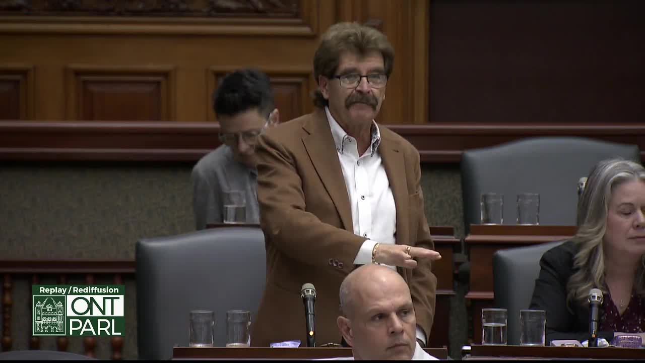 A man in a brown jacket gestures while speaking in the Legislative Assembly of Ontario. Another person in a grey shirt stands behind him, looking down.
