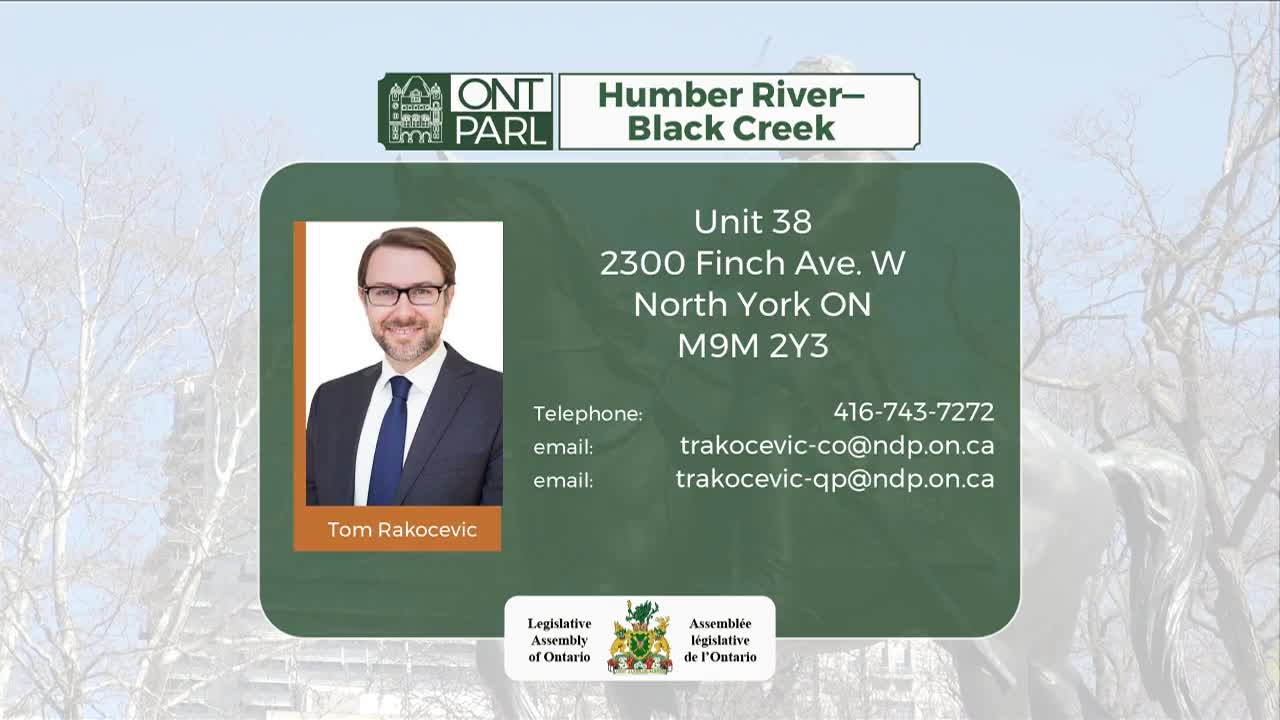 A man in a suit and tie smiles from a portrait. His contact information and the Legislative Assembly of Ontario crest are displayed beside him.