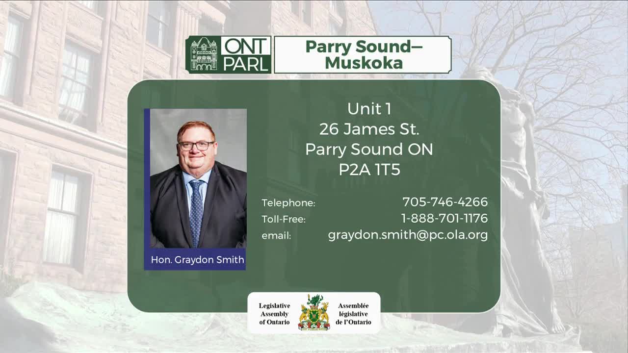 The Honourable Graydon Smith, MPP for Parry Sound-Muskoka, smiles from his official contact card. His office address and contact information are clearly listed.