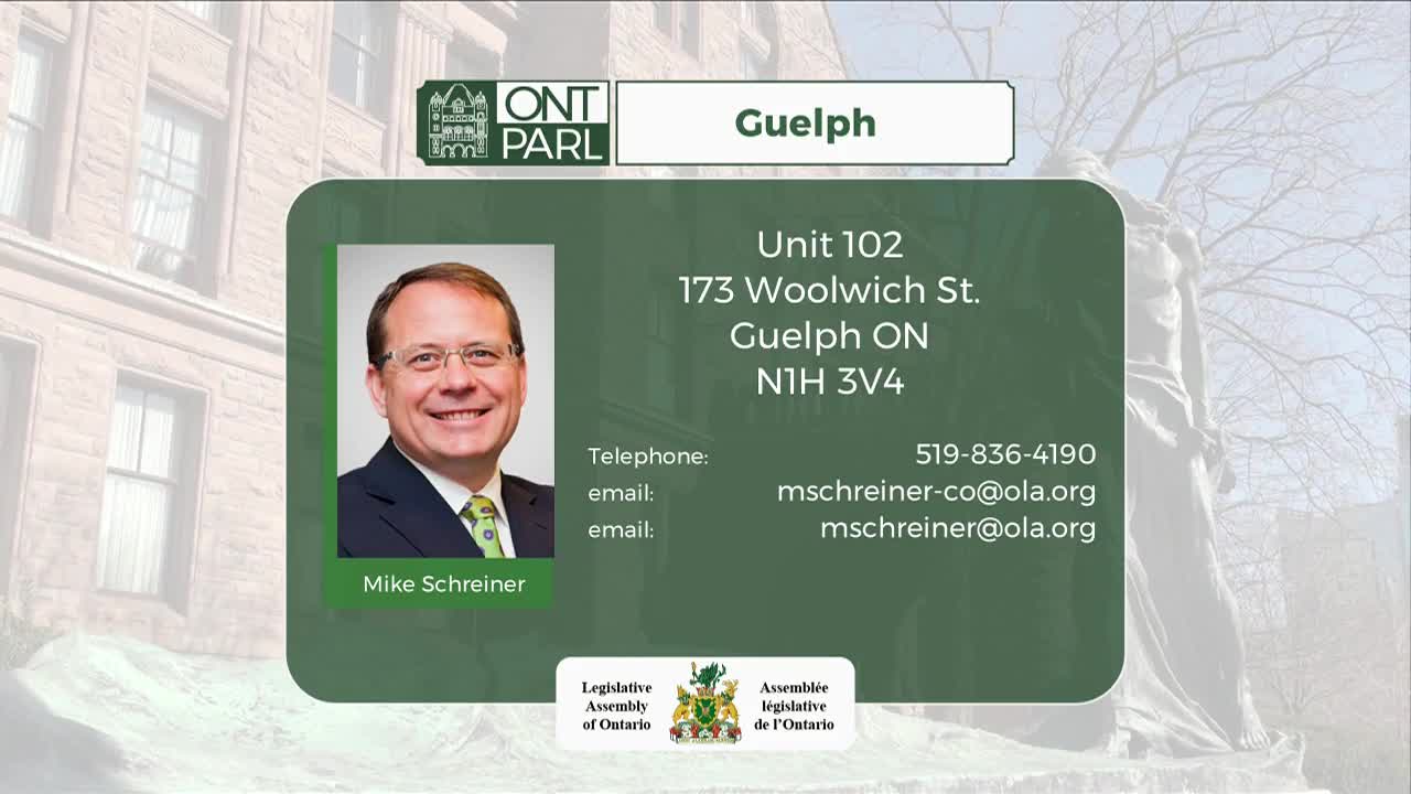 A man's headshot fills the left side of the screen, his name "Mike Schreiner" below. To the right, contact information for his Guelph constituency office appears, including the Legislative Assembly of Ontario's emblem.