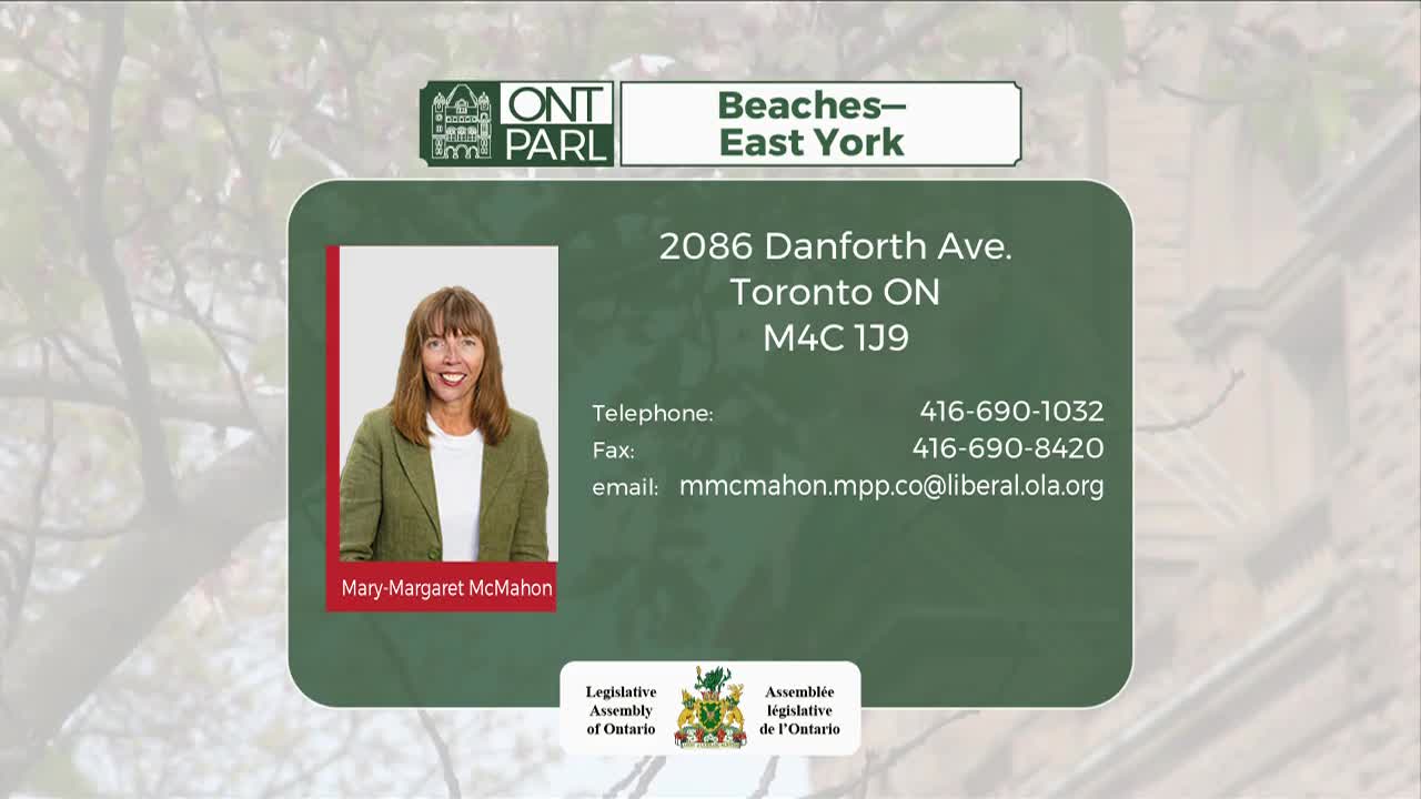 Mary-Margaret McMahon, MPP for Beaches-East York, smiles from her official contact card. Her Toronto office address and contact numbers are clearly listed.