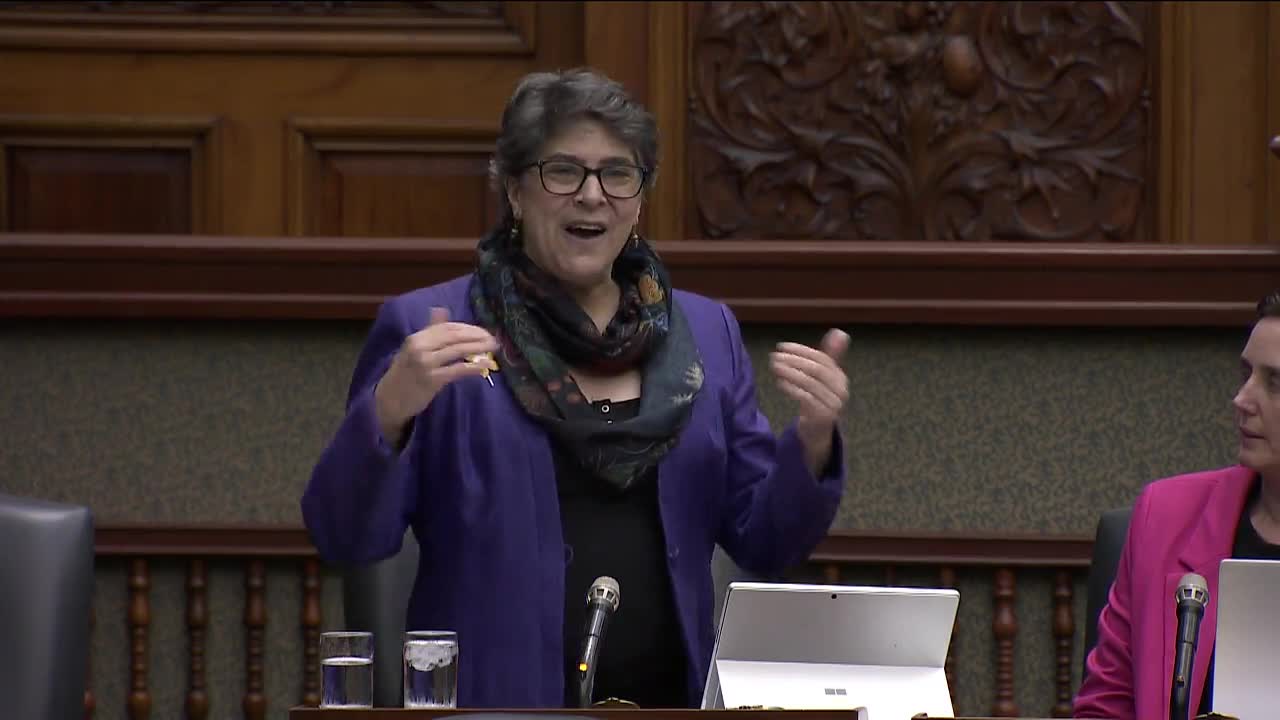 A woman in a purple jacket gestures with both hands as she speaks at a podium in the Legislative Assembly of Ontario. Another woman in a bright pink jacket sits to her right, listening intently.