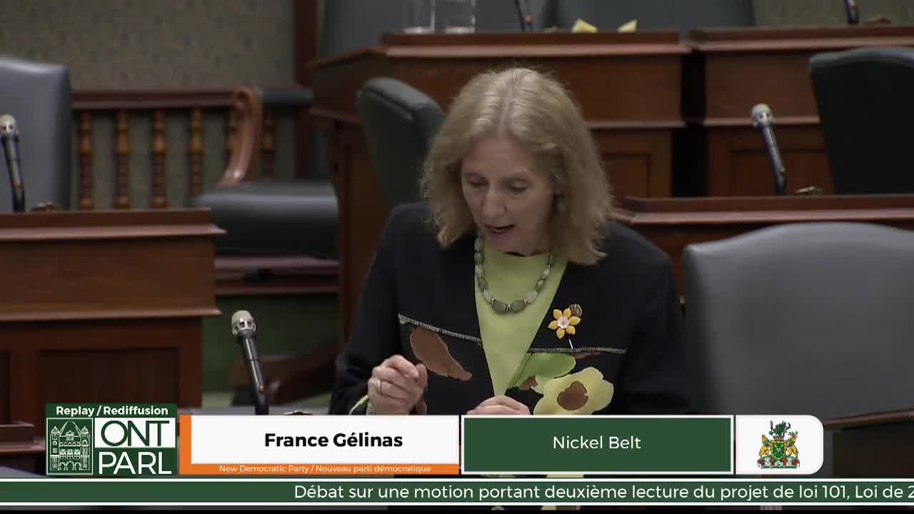 France Gélinas speaks from her seat in the Legislative Assembly of Ontario. She gestures with her right hand as she addresses the chamber.