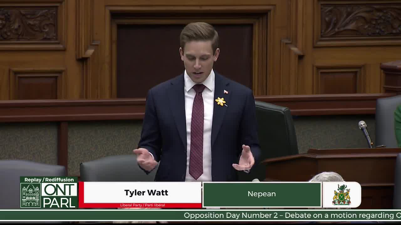 Tyler Watt stands at the podium, speaking in the Legislative Assembly of Ontario. His hands are open, gesturing as he addresses the chamber.