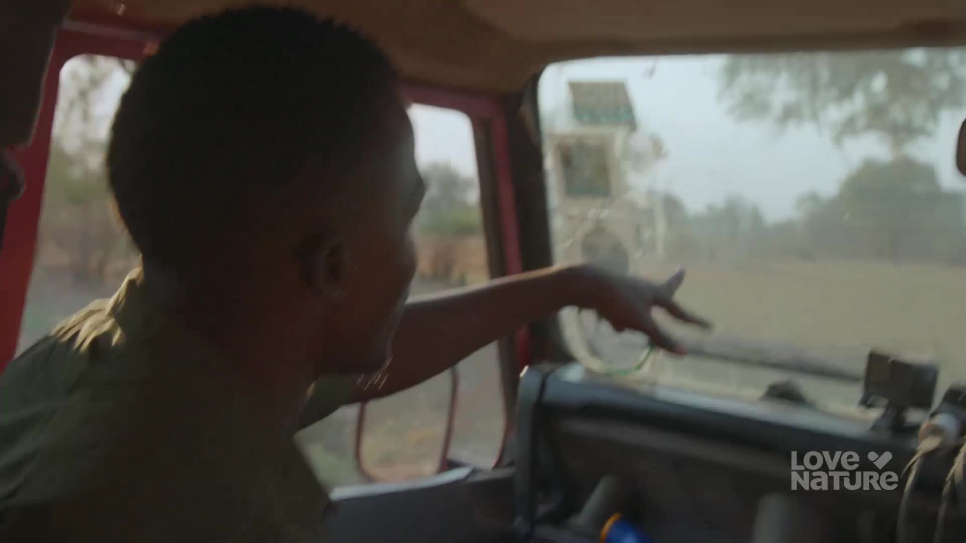 Inside a vehicle, a man points excitedly towards something outside the dusty window. The Love Nature logo sits in the lower right corner, hinting at a wildlife observation.
