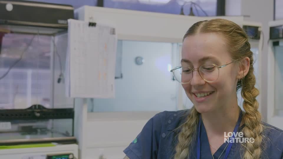 A woman with braided hair smiles, looking down at something out of view. Behind her, a white cabinet and scientific equipment fill the lab space.
