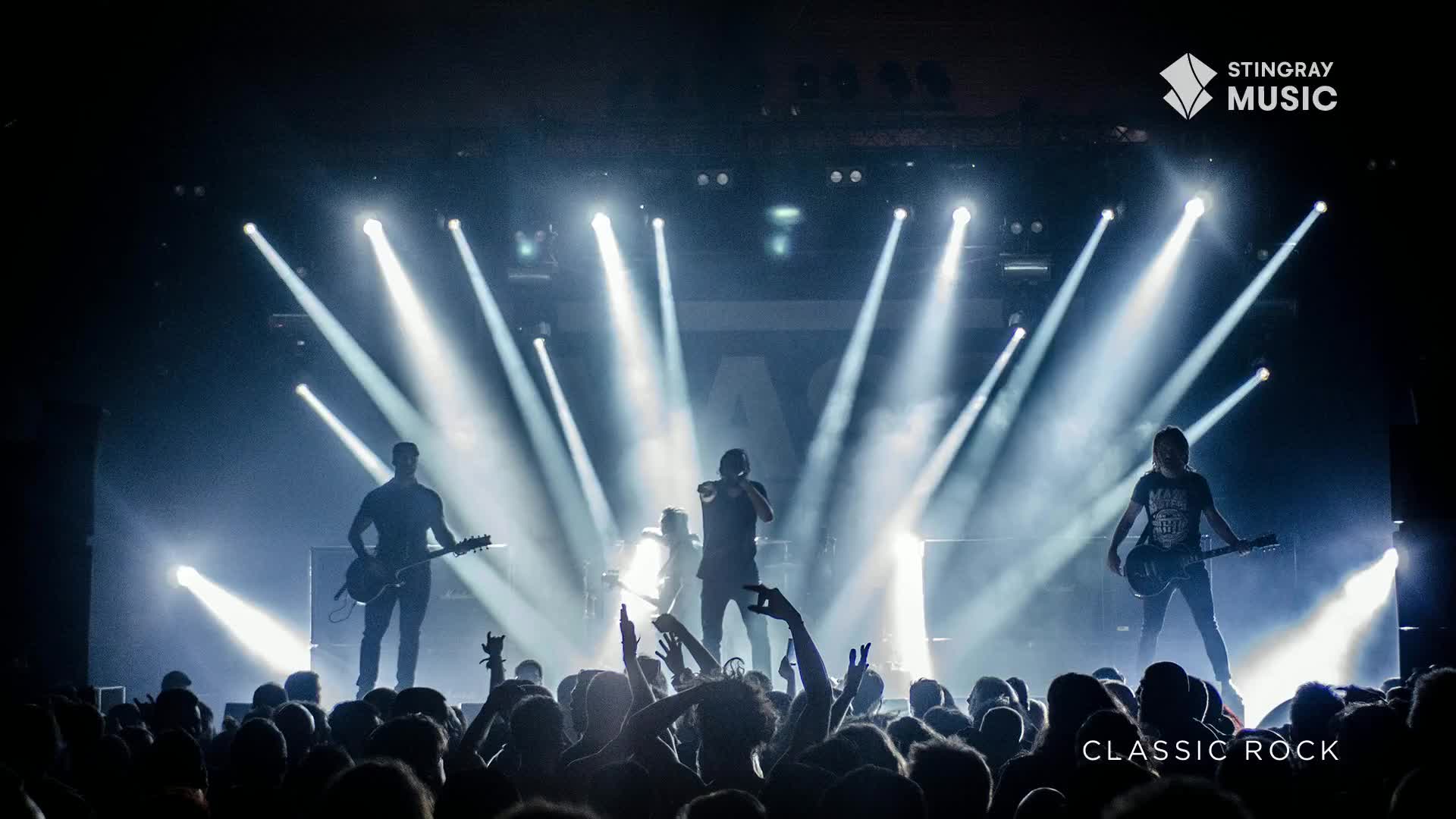 The band, bathed in bright spotlights, is rocking out for the Stingray Classic Rock crowd. Arms are raised in the audience, matching the energy on stage.

