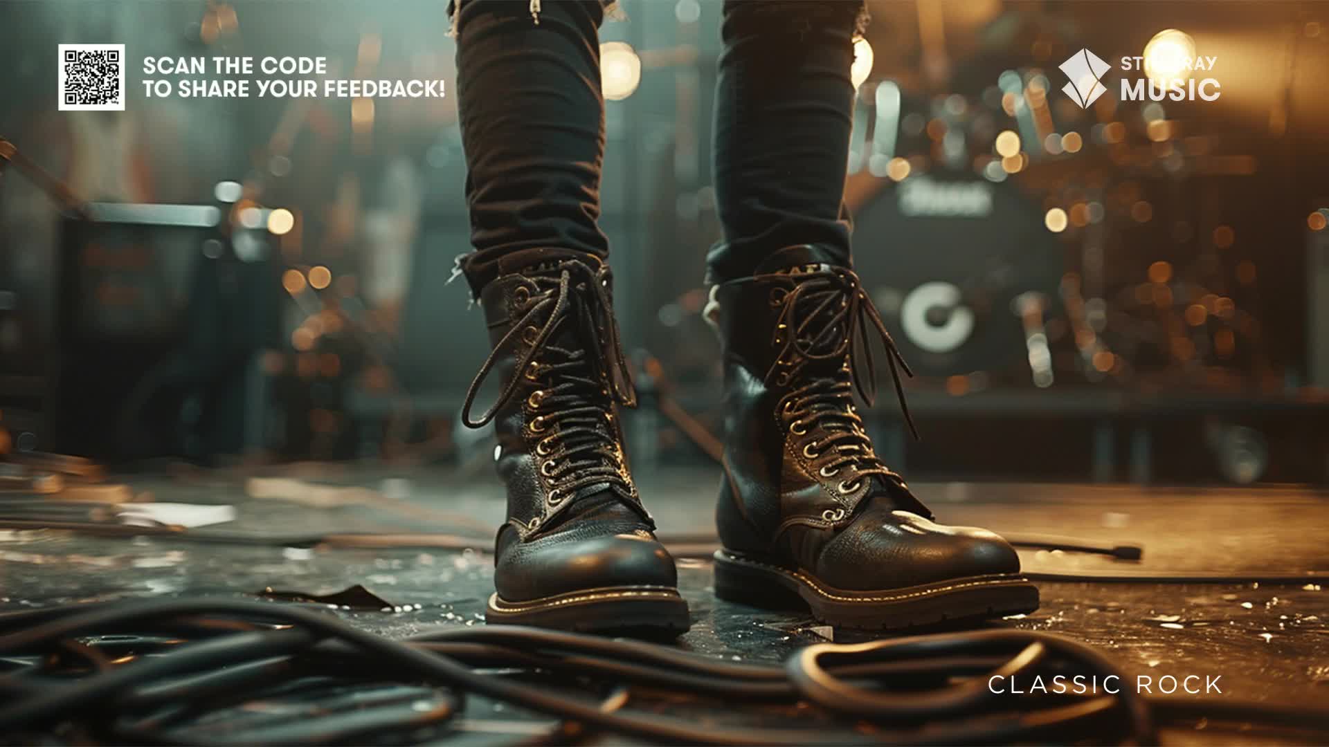 The stage is set, and the focus is on a pair of worn, black boots, laced up tight. Cables snake across the floor, hinting at the sound about to erupt from the Stingray Classic Rock show.
