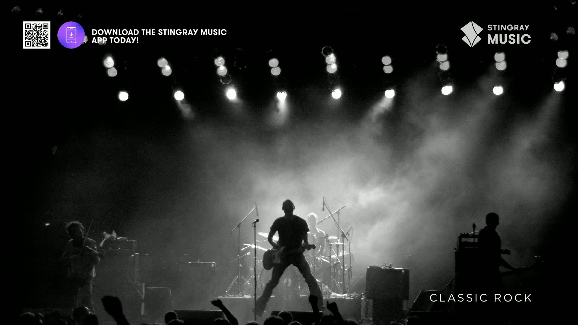 A guitarist, backlit by stage lights, leaps into the air, his instrument held high. Below, the crowd's hands reach up, ready for more of the Stingray Classic Rock show.
