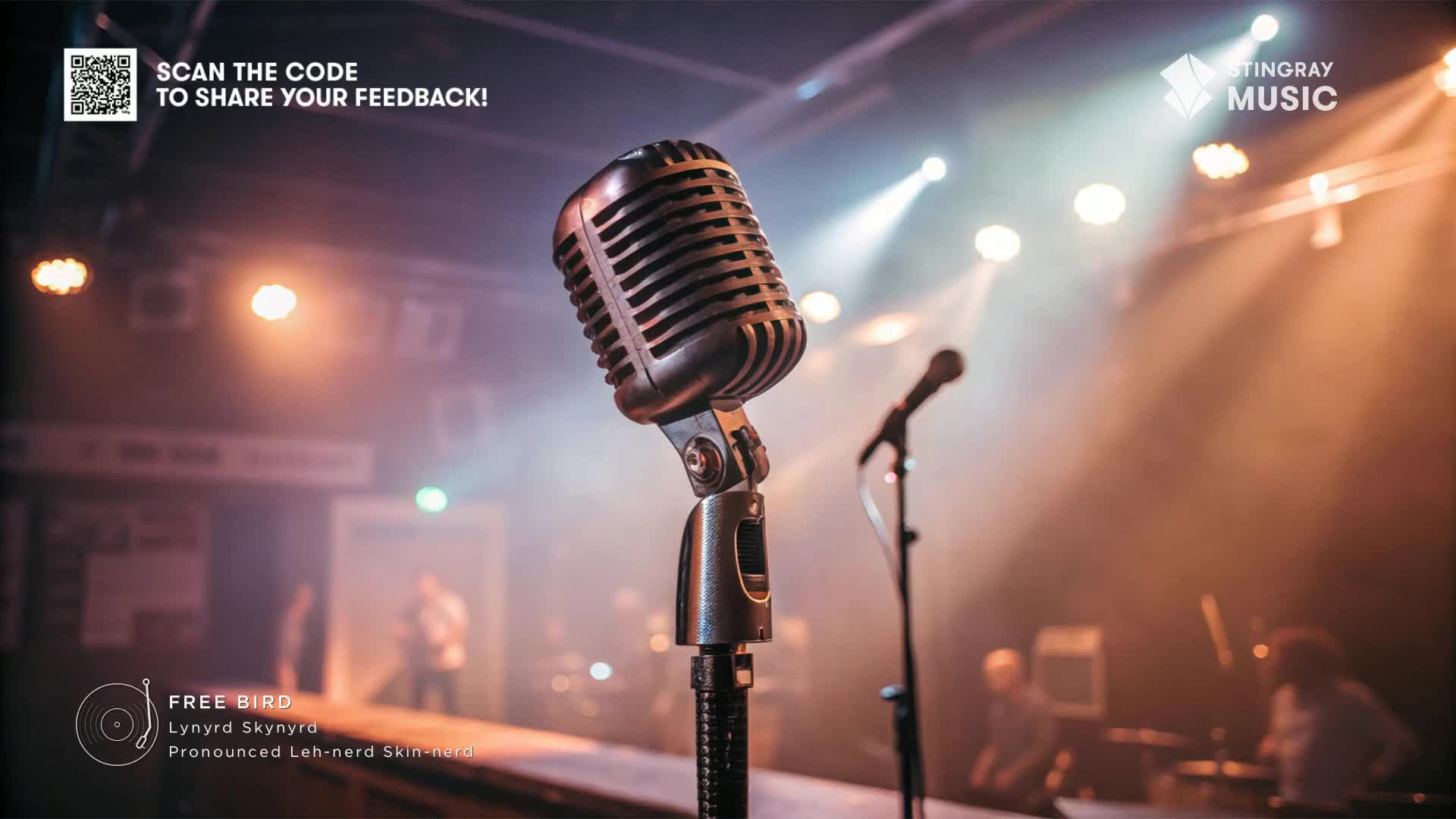 The stage is set, with a vintage microphone taking center stage, ready for a classic rock performance.  Bright spotlights cut through the haze, illuminating the Stingray Music logo and the promise of Lynyrd Skynyrd's "Free Bird."
