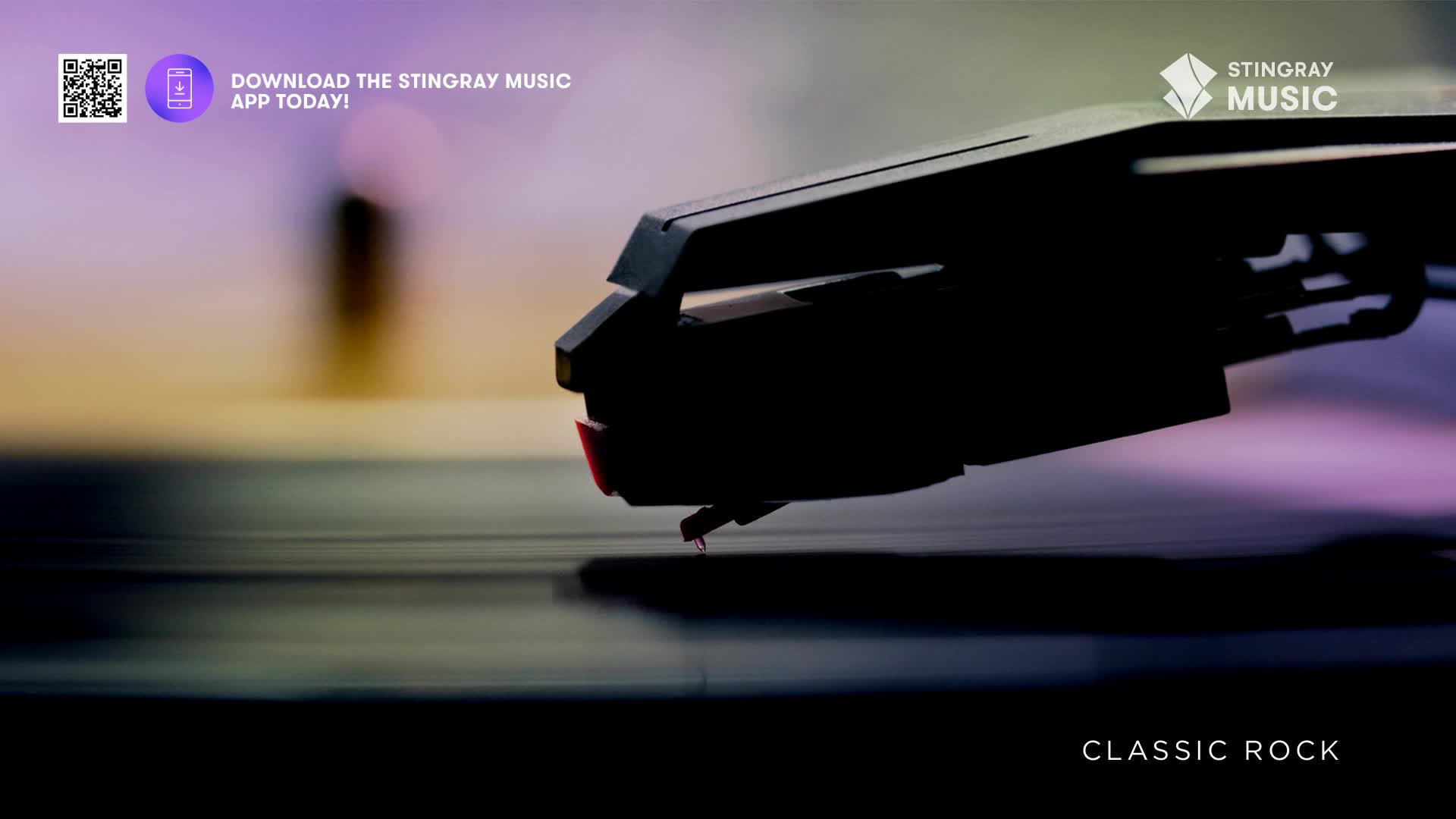 The needle, with its red tip, glides across a spinning record.  The Stingray Music logo and "Classic Rock" text hint at the music playing.
