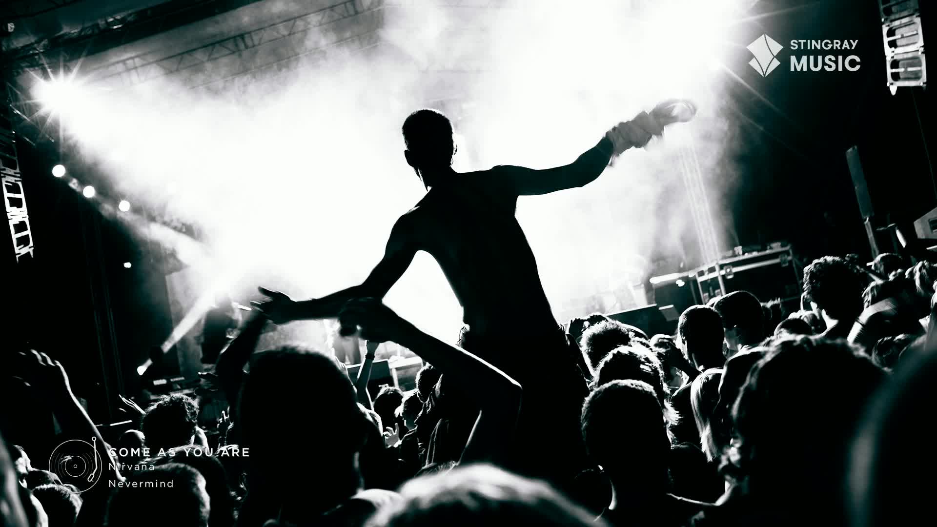 A figure, silhouetted against the bright stage lights, is crowd-surfing above a sea of hands. The Stingray Music logo shines, and the crowd is clearly vibing to Nirvana.
