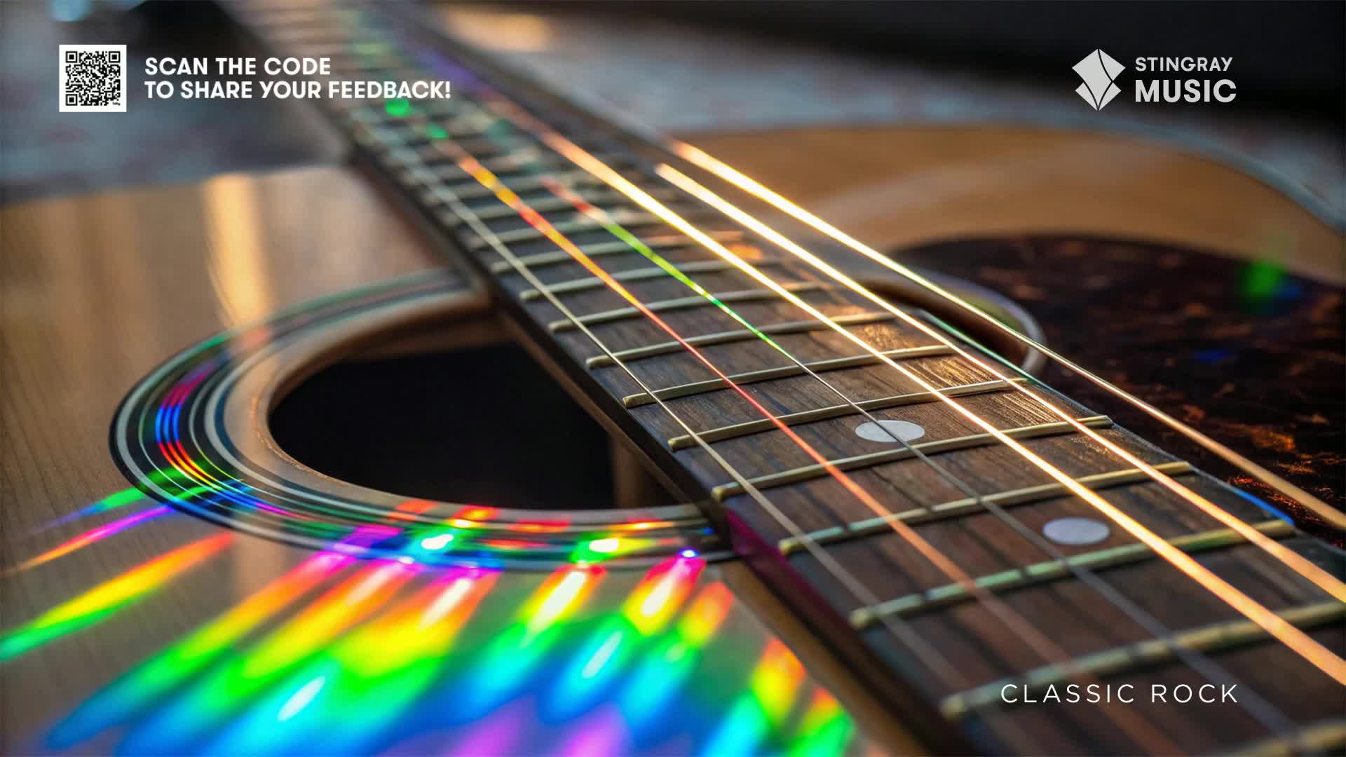 The light is playing across the guitar's body, creating a spectrum of colors that dance around the sound hole. This image, promoting Stingray Classic Rock from Canada, has a QR code to share your feedback.
