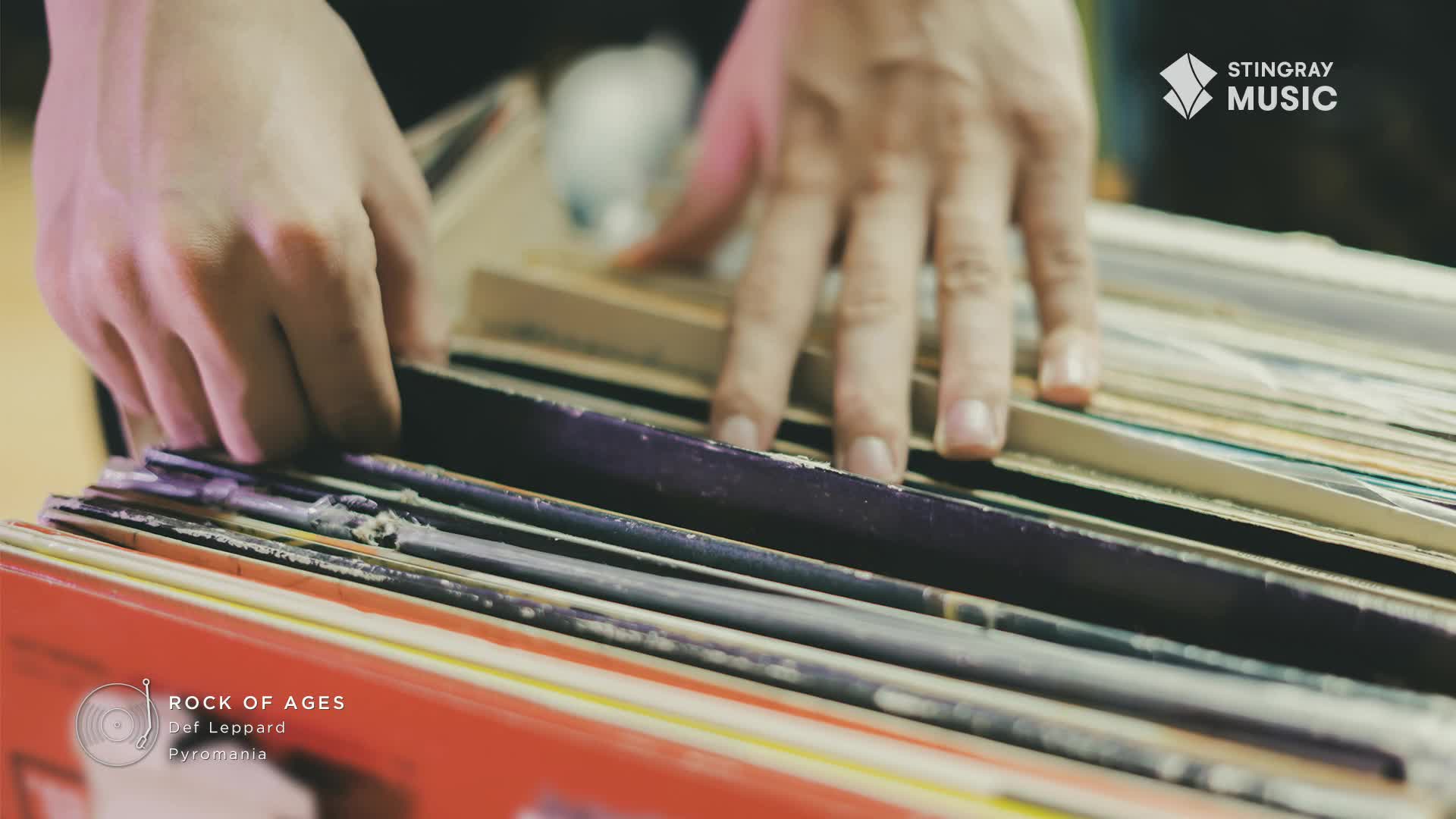 Fingers carefully sift through a stack of vinyl records. The Stingray Music logo sits in the corner, and "Rock of Ages" by Def Leppard is featured on the album cover.
