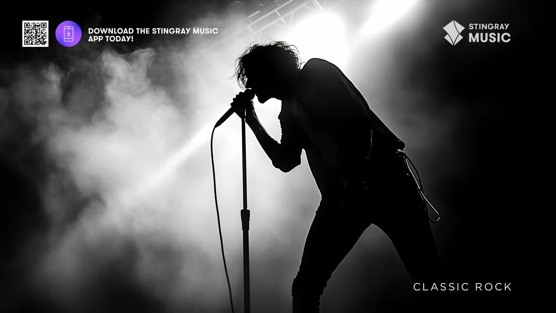 A singer, backlit by a bright spotlight, leans into the microphone, silhouetted against a cloud of stage smoke. The Stingray Classic Rock logo is visible, and the app download prompt is a reminder of Canada's music scene.
