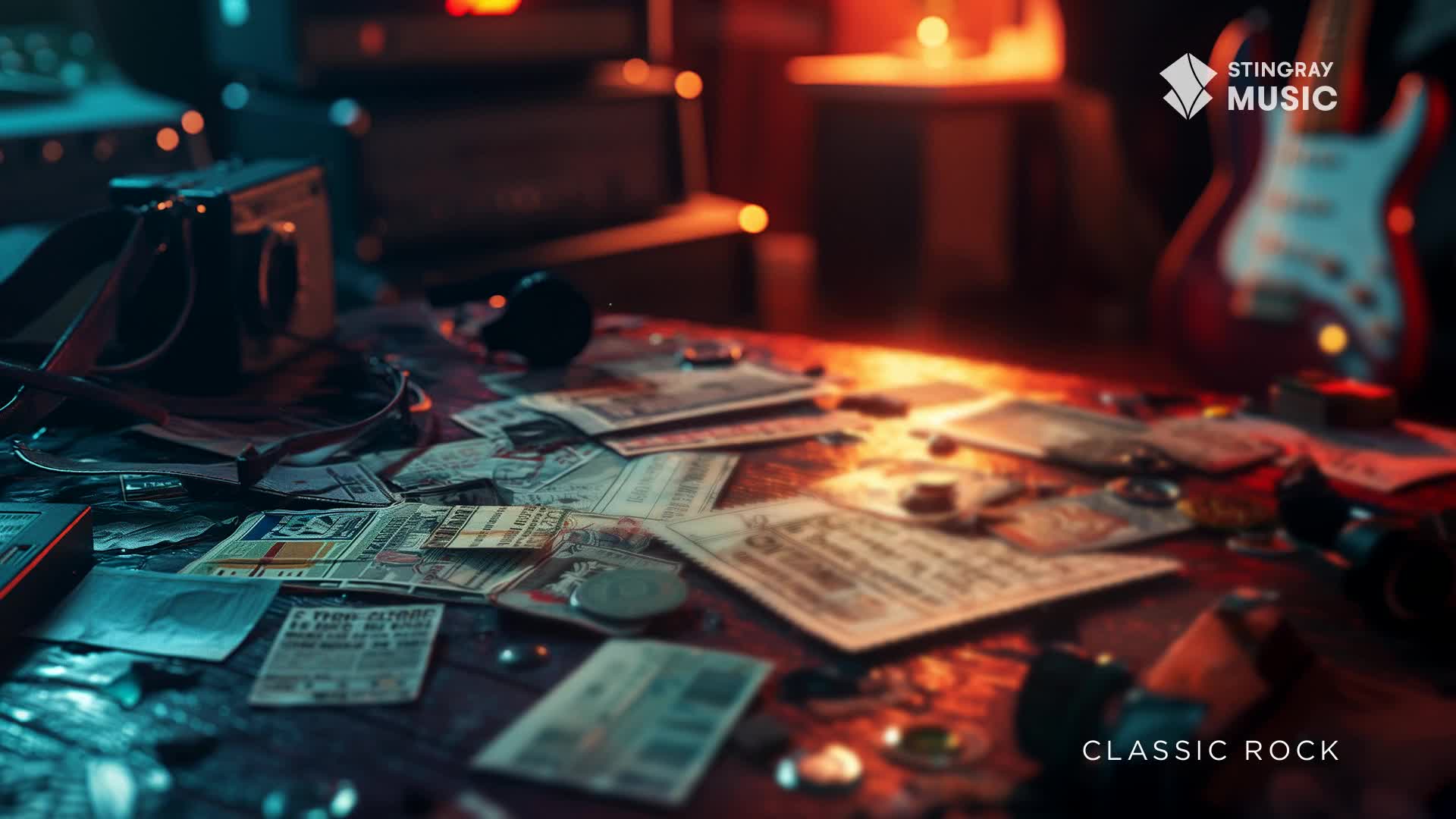 A scattering of old concert tickets and photos lit by warm light sits on a wooden table, hinting at a history of Canadian classic rock. A vintage camera and a guitar in the background complete the scene, which Stingray Music has captured.
