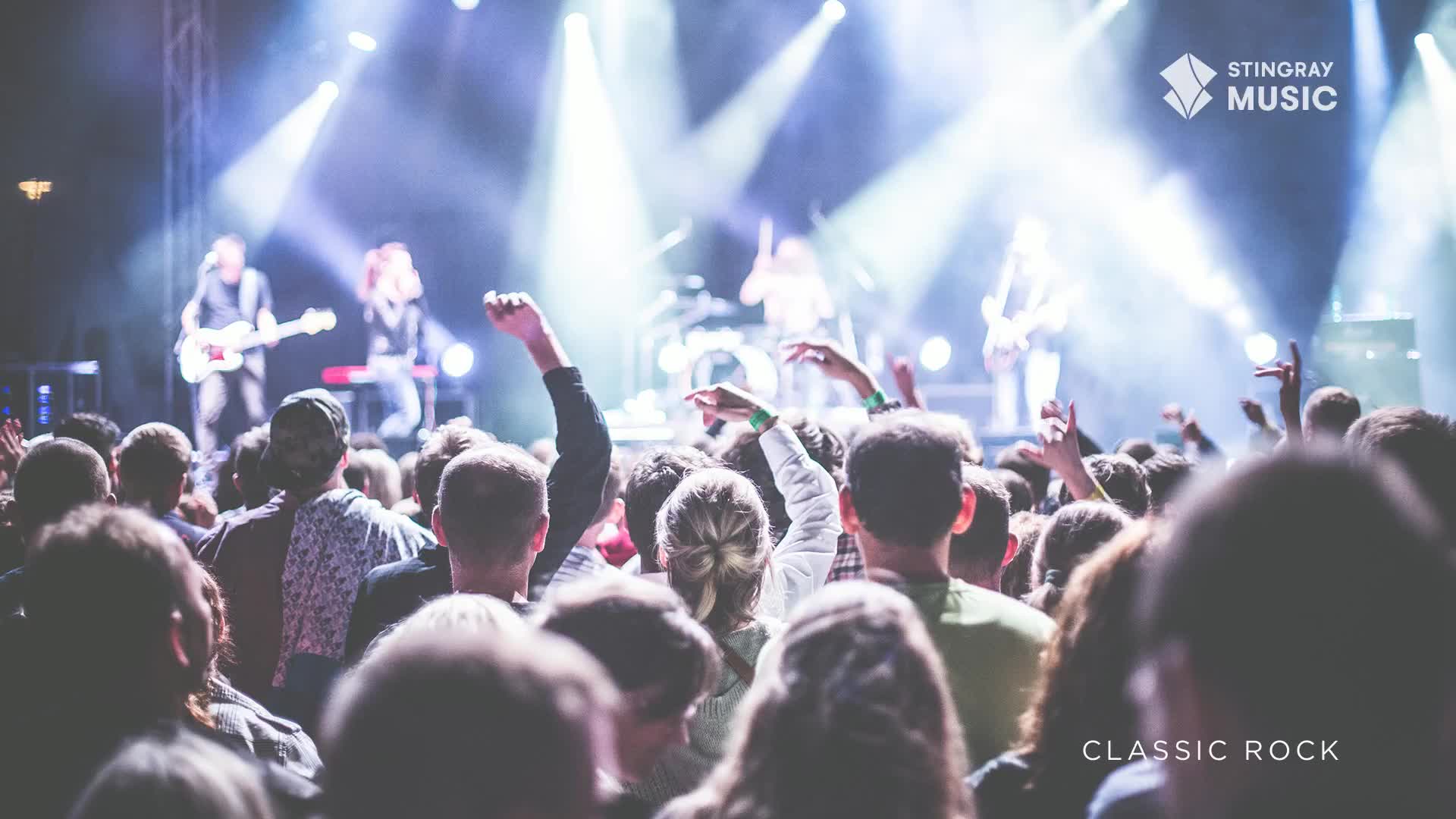 The band is playing under bright stage lights, and the crowd is cheering. Hands are raised, some giving the rock-and-roll sign, as classic rock fills the air.