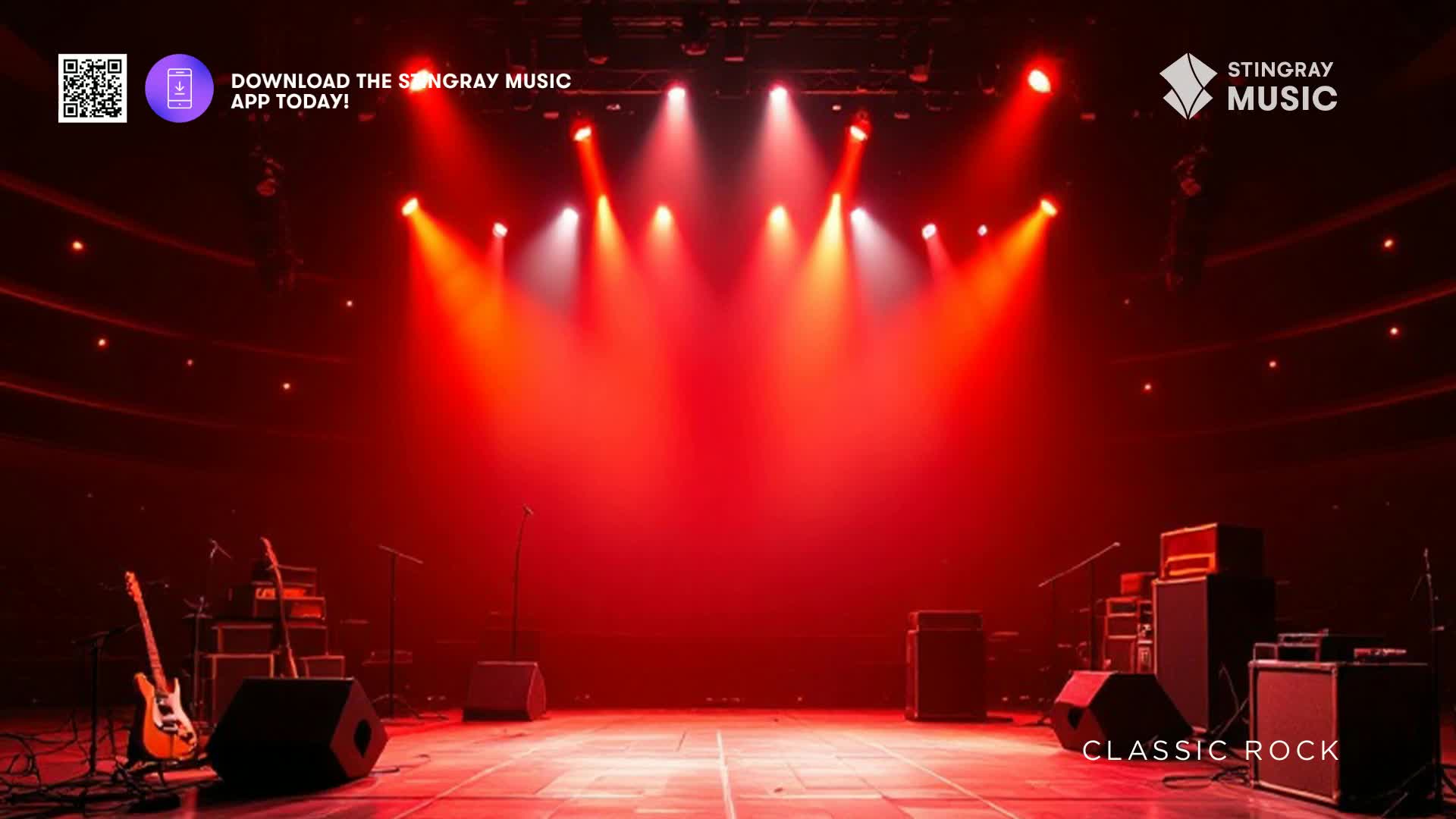 The stage is bathed in a deep red glow, with spotlights cutting through the haze. A classic electric guitar stands ready, leaning against a stack of amplifiers.