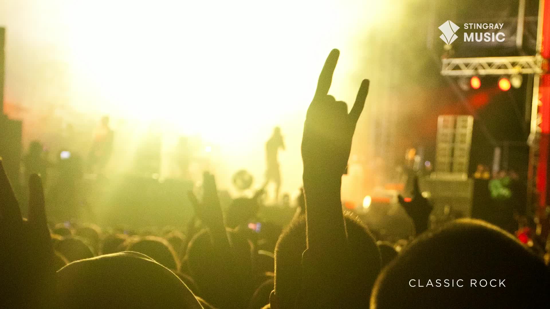 Hands are raised in the air, forming the devil horns, as a band plays on stage. The crowd is a sea of silhouettes against the bright lights of the concert.