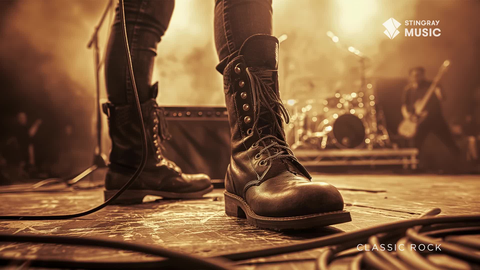 A guitarist is shredding on stage in front of a drum kit, bathed in warm stage lights. Heavy boots stand planted on the wooden floor, ready for the next classic rock anthem.