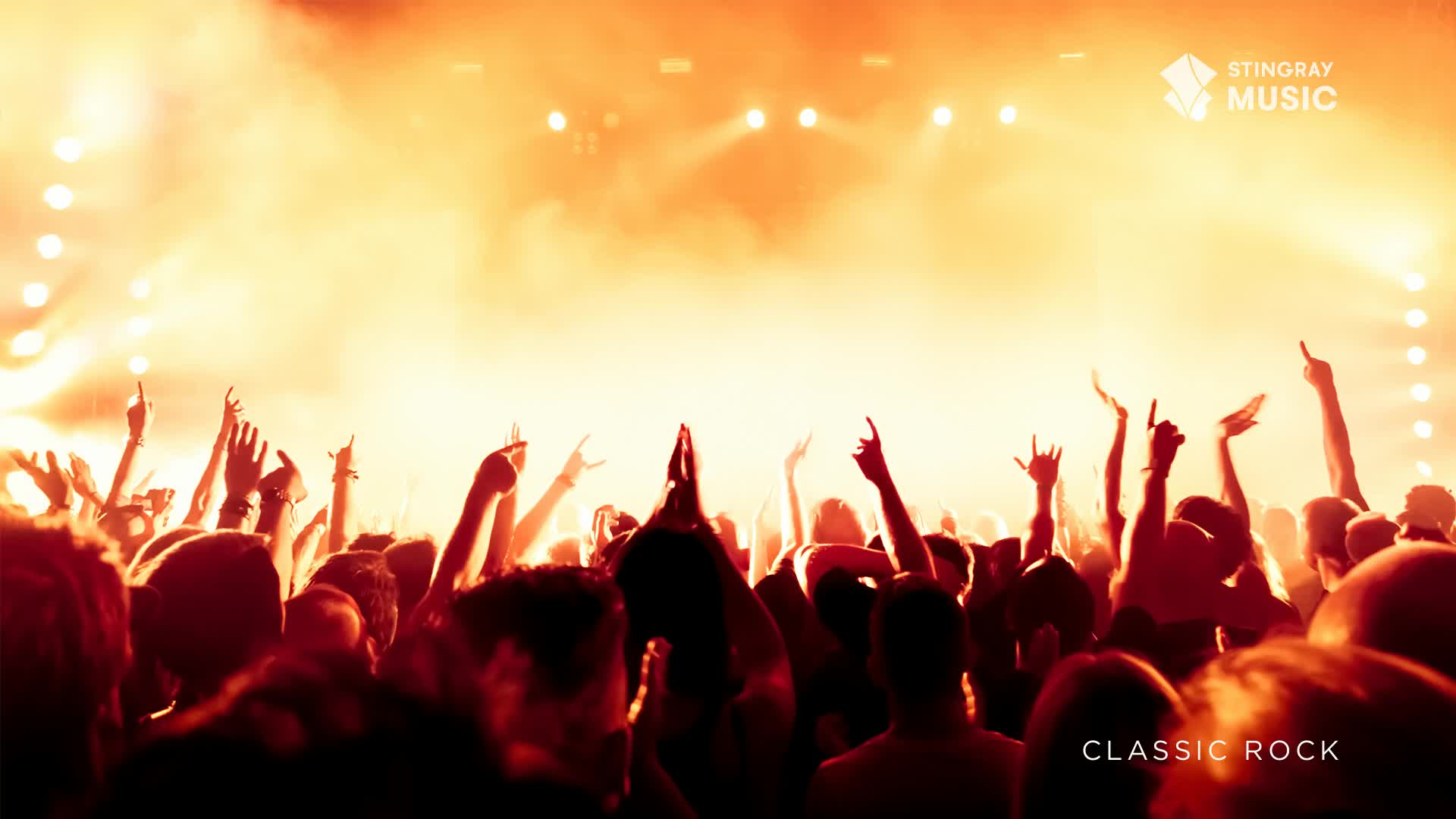 Hands are raised, some forming horns, as a massive crowd surges forward. The air is thick with smoke and bathed in the warm glow of stage lights, a classic rock concert in full swing.