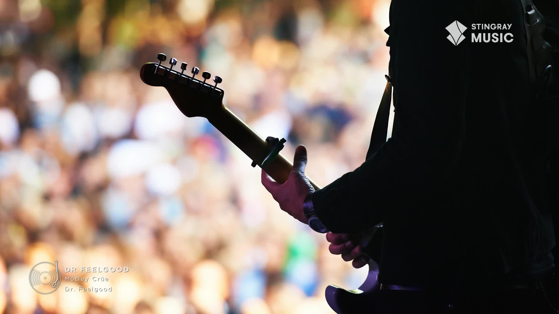 A guitarist's hands grip the neck of a black electric guitar, silhouetted against a blurred crowd. The Stingray Music logo is visible in the upper right, and the text "Dr. Feelgood" appears in the lower left.