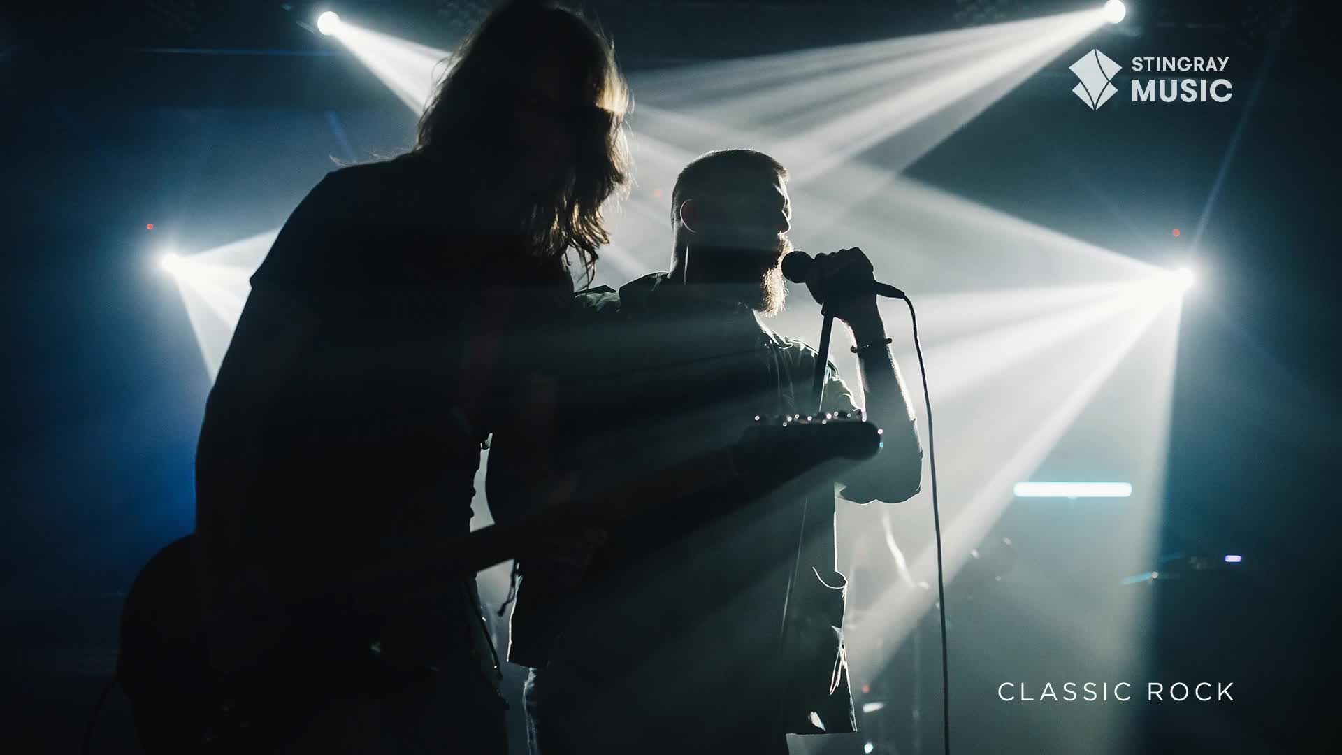 A singer with a beard belts into a microphone, his guitar resting on his lap. Behind him, another musician with long hair stands silhouetted against bright stage lights.