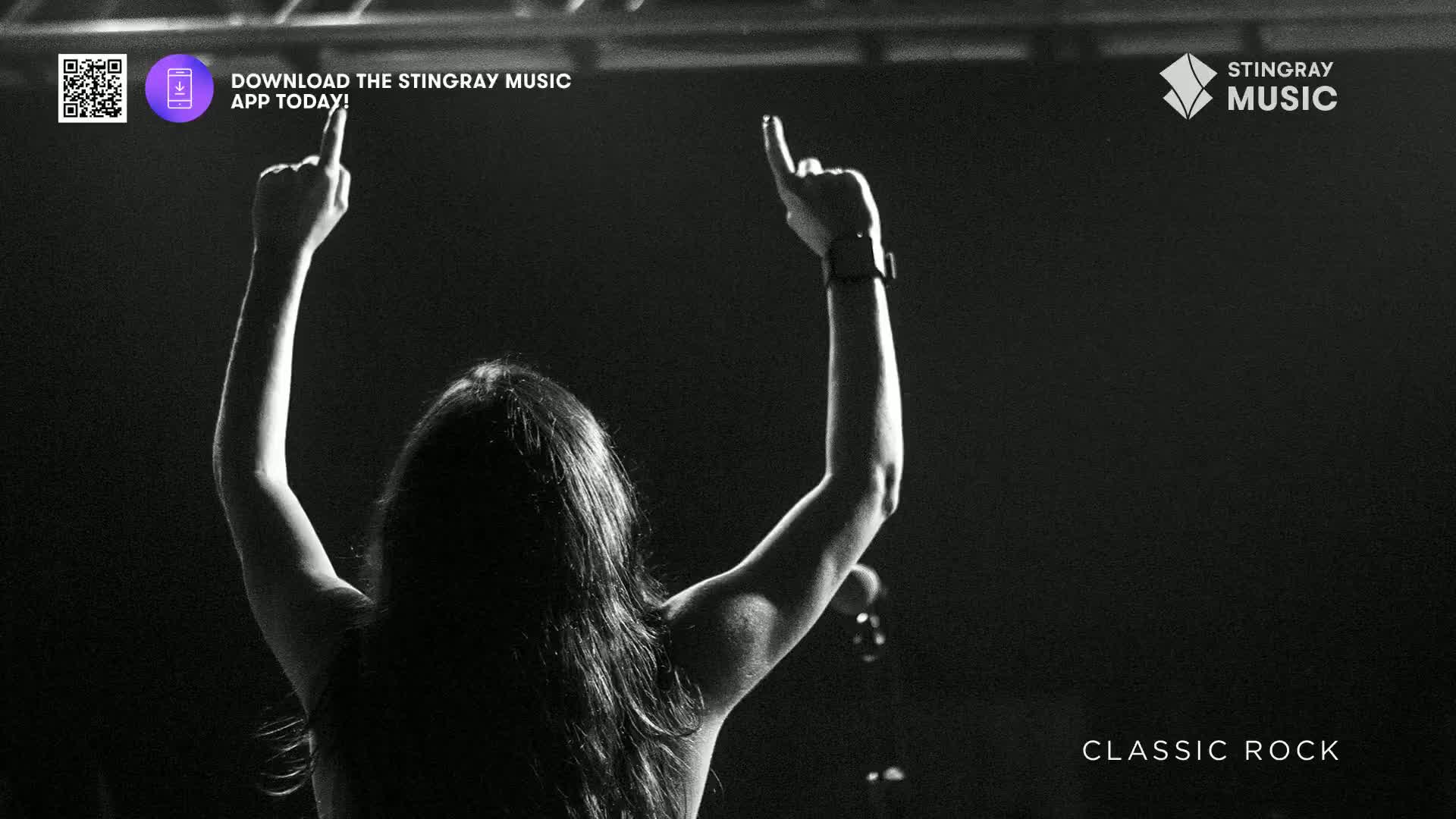 A performer raises both arms, fingers pointing skyward, lost in the energy of a classic rock show. The Stingray Music logo and a QR code to download their app are visible. A performer raises both arms, fingers pointing skyward, lost in the energy of a classic rock show. The Stingray Music logo and a QR code to download their app are visible.