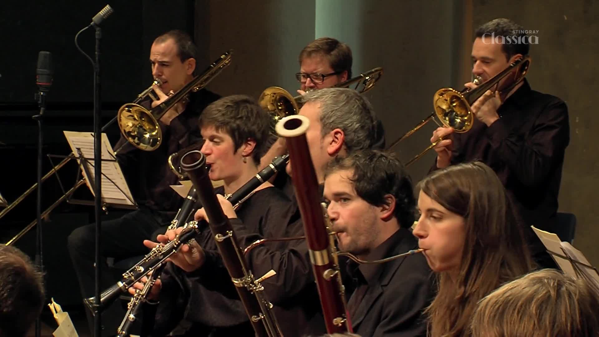 Trombones glint as they extend and retract, the musicians' faces concentrated on their music. The woodwinds and brass instruments are raised, each player focused on their part in the performance.
