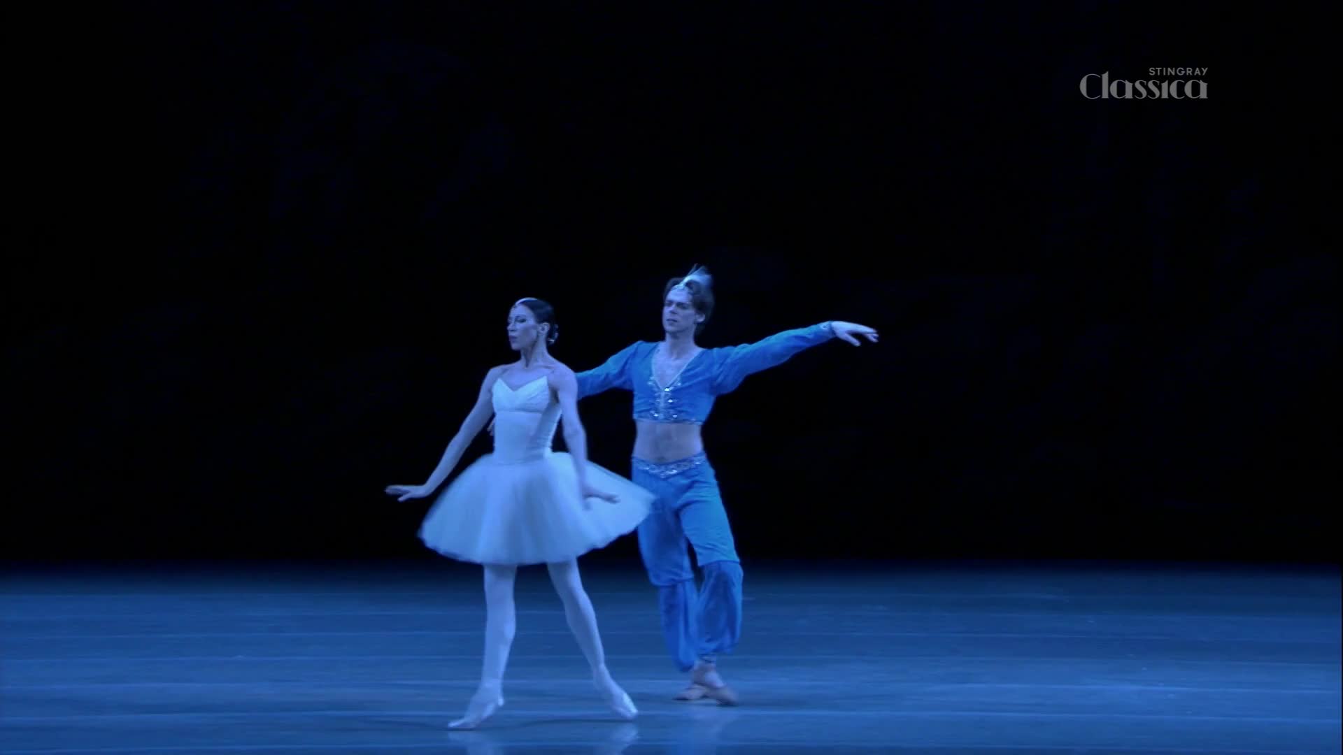 A ballerina in a white tutu balances gracefully, while a dancer in blue gestures with his arms. The scene is illuminated by a cool blue light, a production from Stingray Classica in Canada.
