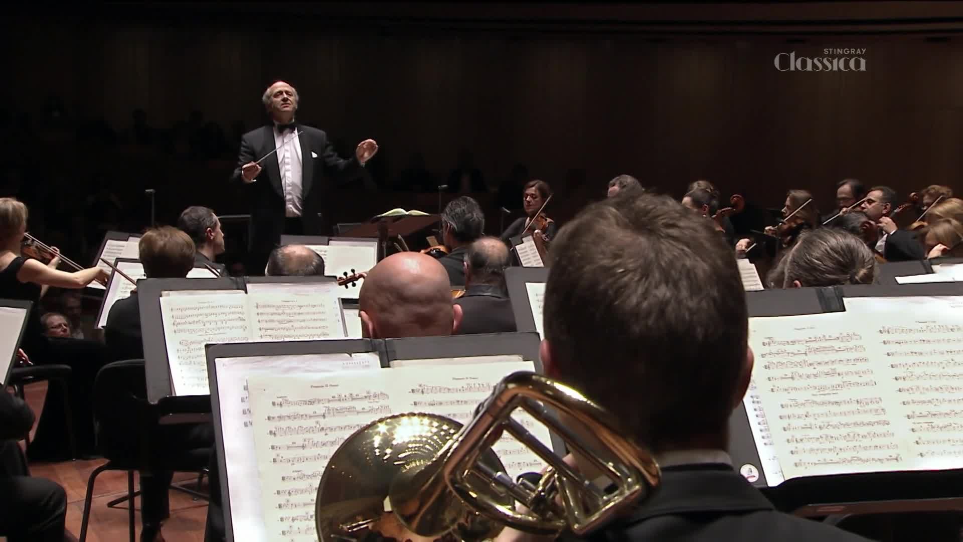 The conductor's baton sweeps across the orchestra, directing the musicians. A trombone player's instrument gleams in the foreground, reflecting the stage lights.
