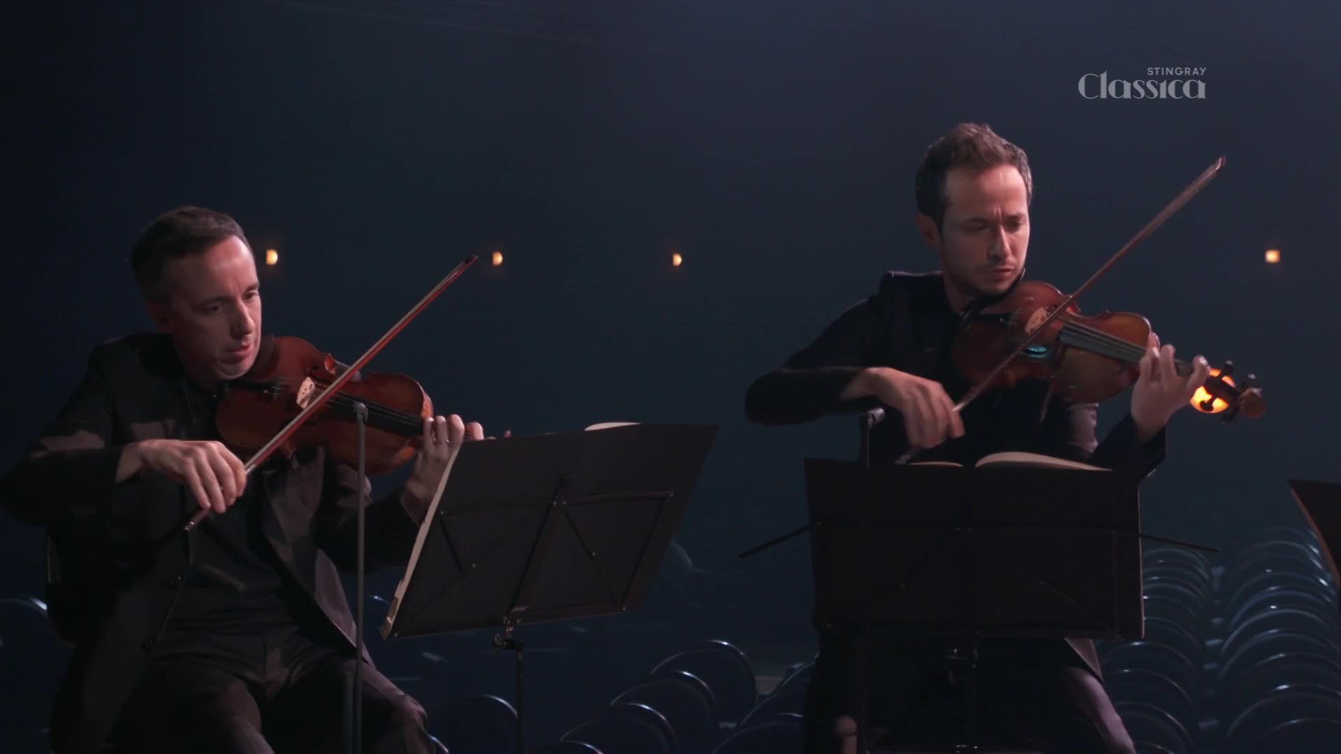 Two violinists, dressed in black, are intently focused on their instruments. Their bows move across the strings, creating music for Stingray Classica, broadcast from Canada.
